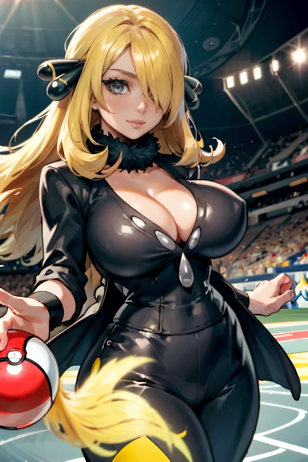 (masterpiece, best quality, ultra detailed, beautiful illustration), atmospheric perspective, depth of field, looking at viewer, beautiful detailed eyes, anime eyes:1.4, (portrait, close-up:1.2), action pose, dynamic angle, (stadium, arena, holding pokeball:1.5, pokeball:1.5), 1girl, sexy smile, mature woman, milf, curvy, (huge breasts:1.2), cynthia_pokemon, one eye covered, hair over one eye, blonde hair, grey eyes, long hair, hair ornament, fur collar, fur-trimmed coat, grey eyes, black pants, black shirt