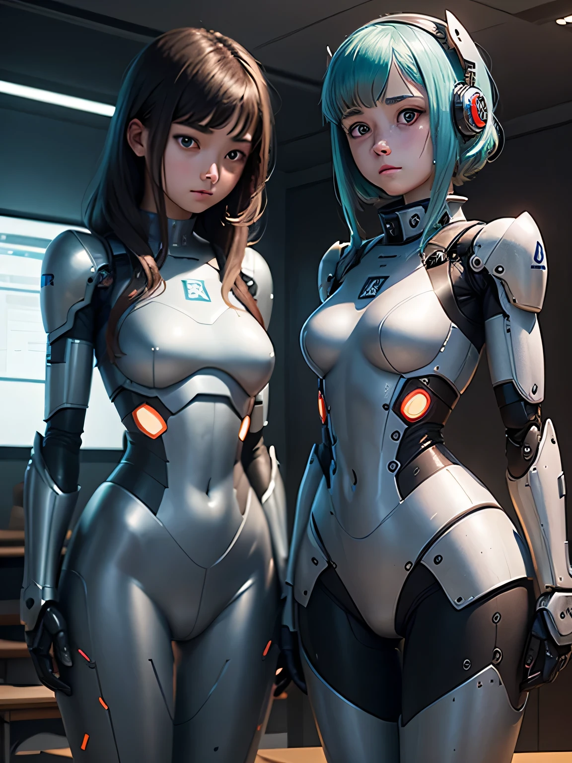 Two high school girls turned into robots. Mechanical bodies lined up facing each other in a late-night classroom. melancholy look
