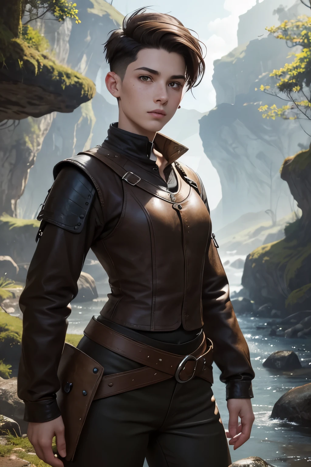 A young androgynous woman with a undercut. Kind. Friendly. Tomboyish. Happy. Skinny. Very short manly haircut. Dark-brown hair. Sides shaved, undercut. Very pale skin with freckles and liverspots. A soft round face with freckles and liverspots. Upturned dark-brown eyes. Very thin and barley visible eyebrows. A long and wide nose. Wide curved lips. Round chin. Slim body. . Wide hips. Thick legs. Used dirty medieval clothing of a lonley ranger and wanderer with tight trousers. Beautiful bright fantasy landscape in the background with shiny forest and rivers.