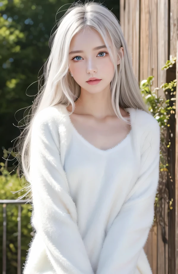 １４Caucasian model at the age, 両脚でFull body photo standing,（(Clean clothes)), wearing fluffy clothes, Natural light, Pretty Caucasian Woman, white hair, bright smile, (8K, Live shooting, highest quality, masterpiece: 1.2), masterpiece, super detail, , High-definition RAW color photo, Full body photo standing, , , , , highly detailed eyes, realistic skin texture, highly detailed fingers, very detailed nose, highly detailed mouth, , Photo above the knee, , See-through feeling、Transparent processing、wear fluffy clothes、, White hair, Blue eyes, masterpiece, realistic skin texture, , shiny hair and white skin, 、 natural skin texture,  A young woman who looks like a girl,  Photo above the knee、Blue eyes,  、lowered eyebrows,  innocent face,  Eyes that look gentle,  natural skin texture, round face,  Kind eyes, long and pure white beautiful hair、, small face,  No decorations attached,  white, drooping eyebrows,  Mont Blanc, white, drooping eyebrows、Eyes with sparkle、Both eyes are the same shape and size、wearing night clothes