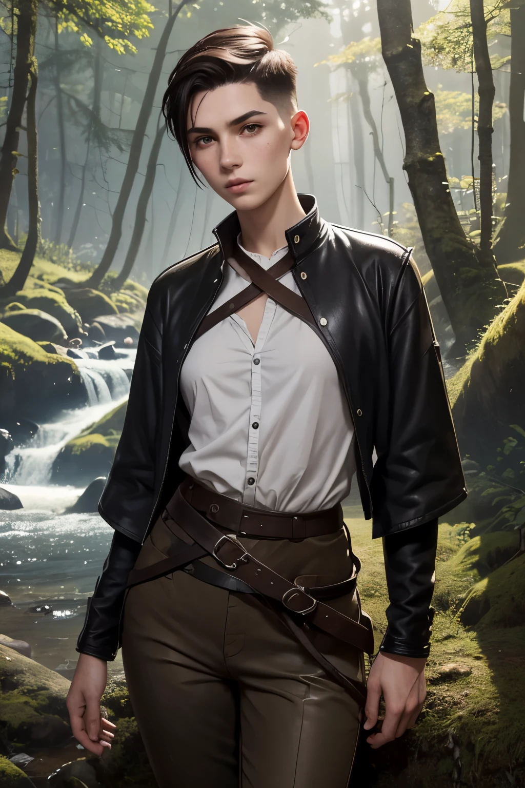 A young androgynous woman with a undercut. Kind. Friendly. Tomboyish. Happy. Skinny. Very short manly haircut. Dark-brown hair. Sides shaved, undercut. Very pale skin with freckles and liverspots. A soft round face with freckles and liverspots. Upturned dark-brown eyes. Very thin and barley visible eyebrows. A long and wide nose. Wide curved lips. Round chin. Slim body. . Wide hips. Thick legs. Used dirty medieval clothing of a lonley ranger and wanderer with tight trousers. Beautiful bright fantasy landscape in the background with shiny forest and rivers.