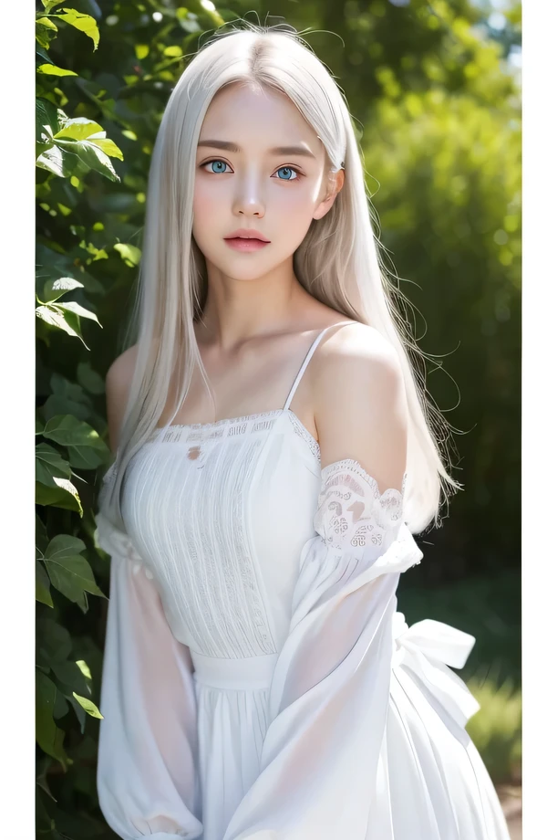 １４Caucasian model at the age, 両脚でFull body photo standing,（(Clean clothes)), Re:Wearing Emilia&#39;s clothes from Zero, Natural light, Pretty Caucasian Woman, white hair, bright smile, (8K, Live shooting, highest quality, masterpiece: 1.2), masterpiece, super detail, , High-definition RAW color photo, Full body photo standing, , , , , highly detailed eyes, realistic skin texture, highly detailed fingers, very detailed nose, highly detailed mouth, , Photo above the knee, , See-through feeling、Transparent processing、Re:She is dressed as Emilia from Zero.、, White hair, Blue eyes, masterpiece, realistic skin texture, , shiny hair and white skin, 、 natural skin texture,  A young woman who looks like a girl,  Photo above the knee、Blue eyes,  、lowered eyebrows,  innocent face,  Eyes that look gentle,  natural skin texture, round face,  Kind eyes, long and pure white beautiful hair、, small face,  No decorations attached,  white, drooping eyebrows,  Mont Blanc, white, drooping eyebrows、Eyes with sparkle、Both eyes are the same shape and size、Re:Cosplaying as Emilia from Zero、Both eyes have the same color and shape