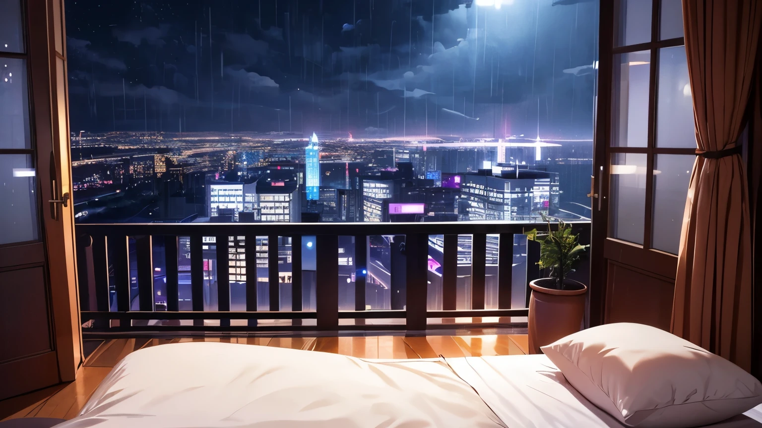 night、真night中、look out from the room、rain、大rain、窓にrainが当たる、Girl in room clothes、dim room、深night、girl looking out the window、Tower Mansion、big window、adult sex appeal