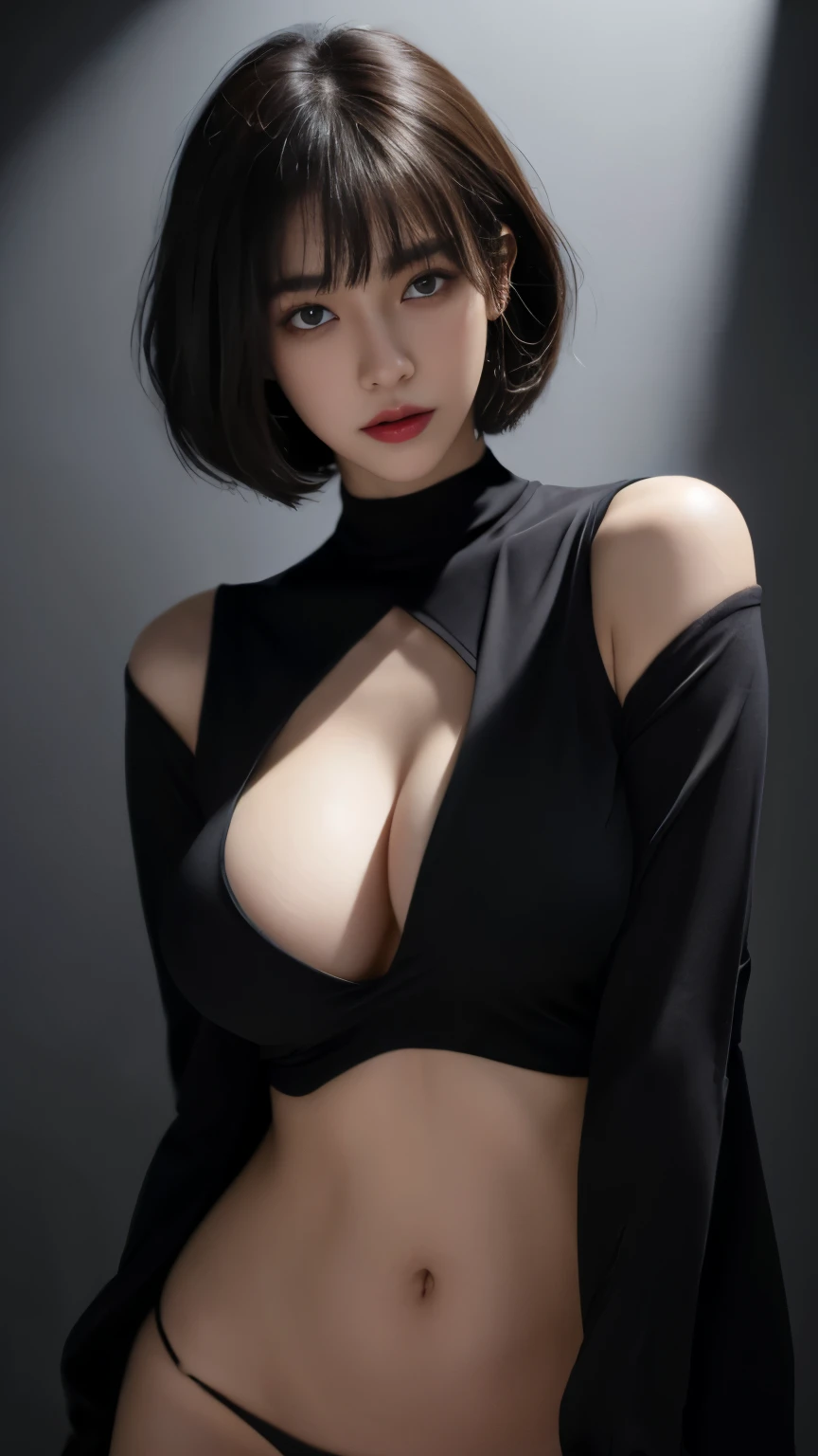 Best Quality, Masterpiece, Perfect Body Beauty, cinematic lighting,   black shirt, Highly detailed face and skin texture, Detailed eyes, whitening skin, perfect face, ((huge breast)), looking at viewer, ((Dark background)), open mouse, straight Bangs, cowboy shot, Teary Mole, Mole on Chest, short cut hair,