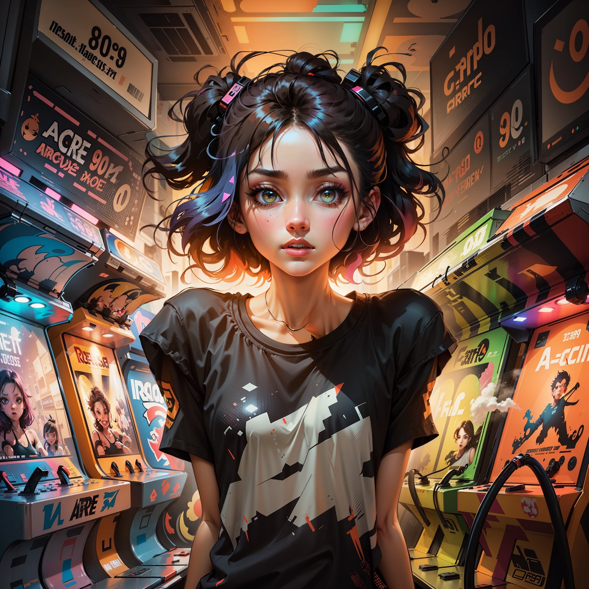 Arcade 90's,t-shirt art,vector,2d ilustration,dark backgroud,very colorful,modern colorful gradient,centered,front view,hyper detailed.