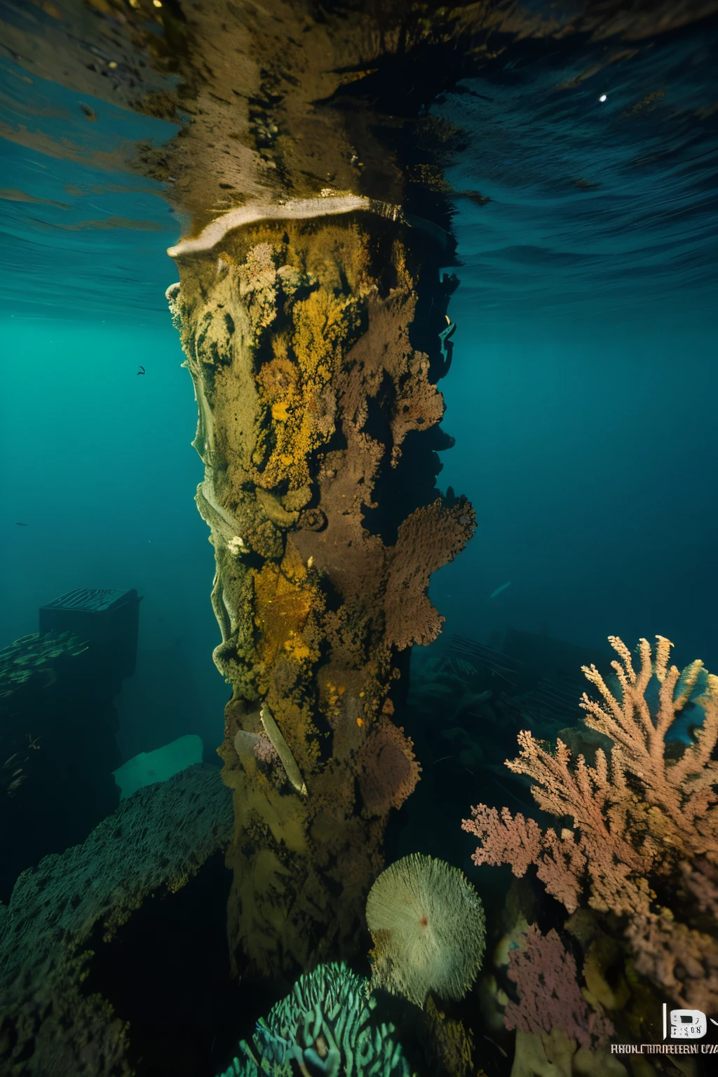 A heavy and robust anchor, weathered by time and the elements, sinks deep into the murky depths of the ocean. The iron chain and worn wooden planks of the anchor glint ominously in the dappled sunlight that filters through the water, creating an eerie and haunting atmosphere. Rusted metal and aged wood textures tell tales of the anchor's long submersion, with barnacles and seaweed clinging to its surface, adding to its intricate detail. The image quality is of the highest standards, with an ultra-detailed realism that showcases every nook and cranny of the anchor's weathered surface. The lighting evokes a sense of mystery, casting soft