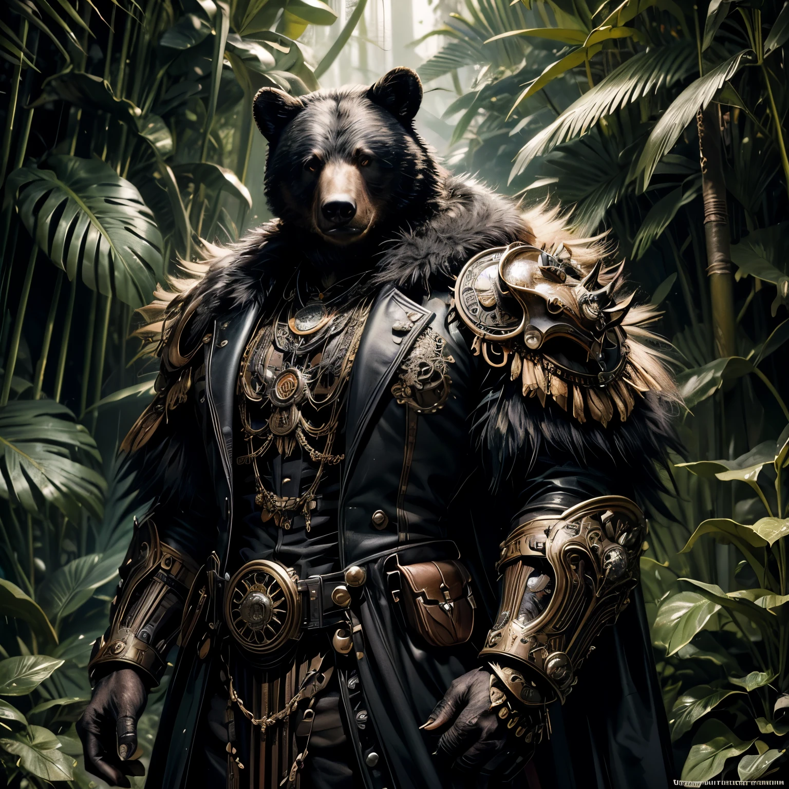 american black bear, dressed in intricate steampunk armor, predominantly black, standing in a jungle, night, ornate gears and extravagant jungle accessories, bear with an imposing posture, explore the technological aesthetics of steampunk, surrealist style, highly detailed, 8k, fur hands, fur arms