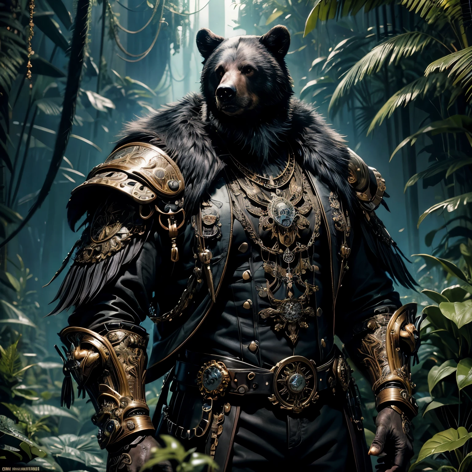 american black bear, dressed in intricate steampunk armor, predominantly black, standing in a jungle, night, ornate gears and extravagant jungle accessories, bear with an imposing posture, explore the technological aesthetics of steampunk, surrealist style, highly detailed, 8k, fur hands, fur arms
