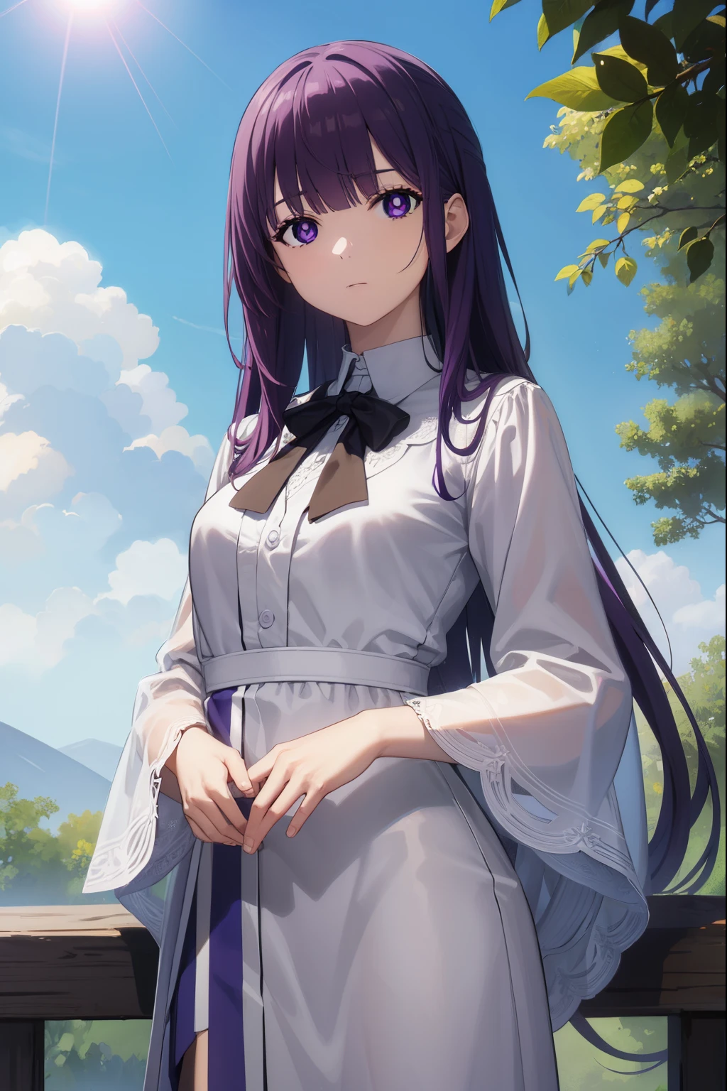 fern, fern, long hair, bangs, (purple eyes:1.1), purple hair, sidelocks, blunt bangs, (bright pupils:1.5), half updo,
BREAK long sleeves, dress, white dress, long dress, robe, black robe,
BREAK outdoor, sky, clouds, sun, forest, trees,
BREAK looking at viewer, (cowboy shot:1.5),
BREAK (masterpiece:1.2), best quality, high resolution, unity 8k wallpaper, (illustration:0.8), (beautiful detailed eyes:1.6), extremely detailed face, perfect lighting, extremely detailed CG, (perfect hands, perfect anatomy),