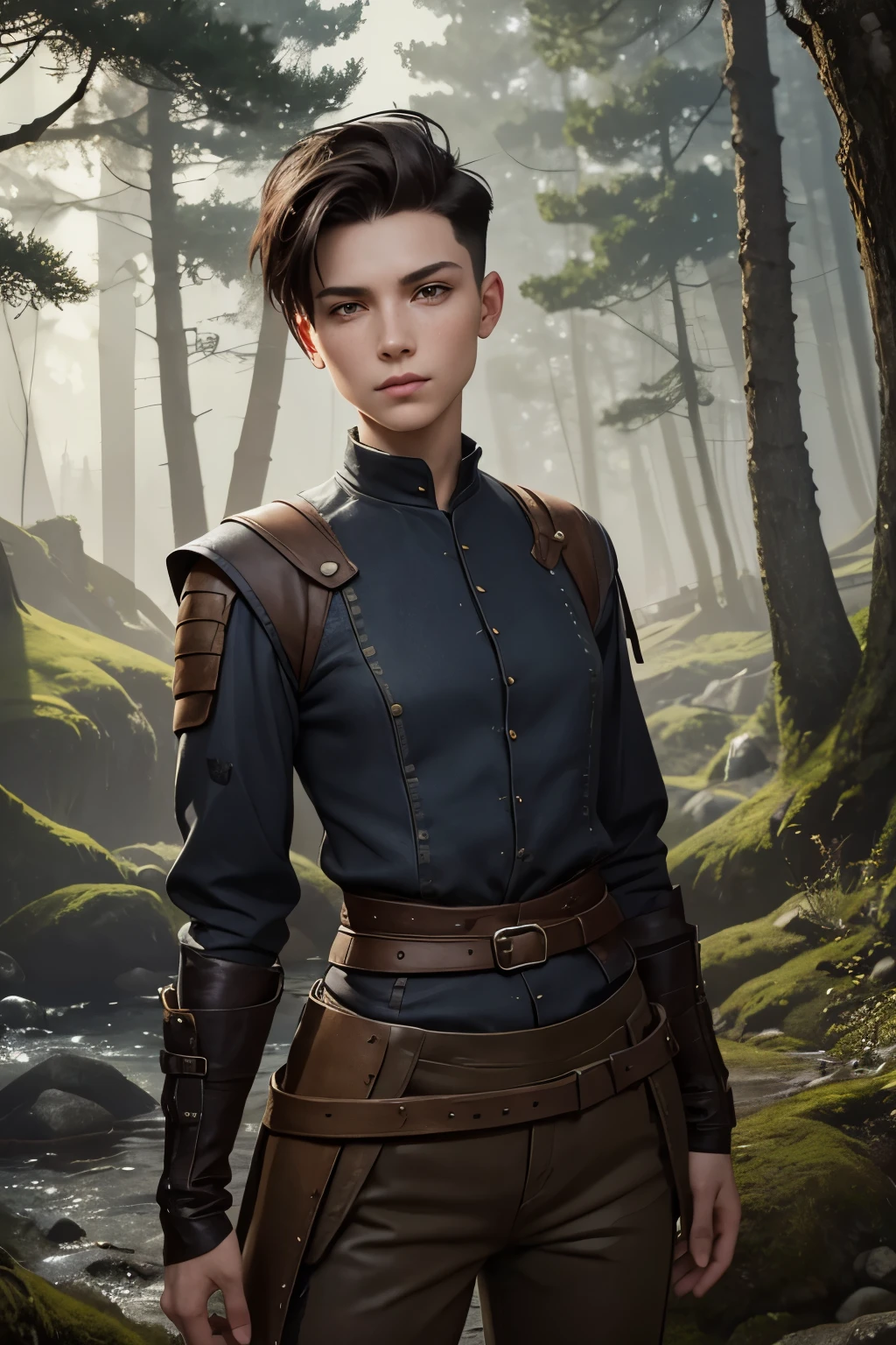 A young androgynous woman with a undercut. Kind. Friendly. Tomboyish. Happy. Skinny. Very short manly haircut. Dark-brown hair. Sides shaved, undercut. Very pale skin with freckles and liverspots. A soft round face with freckles and liverspots. Upturned dark-brown eyes. Very thin and barley visible eyebrows. A long and wide nose. Wide curved lips. Round chin. Slim body. . Wide hips. Thick legs. Used dirty medieval clothing of a lonley ranger and wanderer with tight trousers. Beautiful bright fantasy landscape in the background with shiny forest and rivers.
