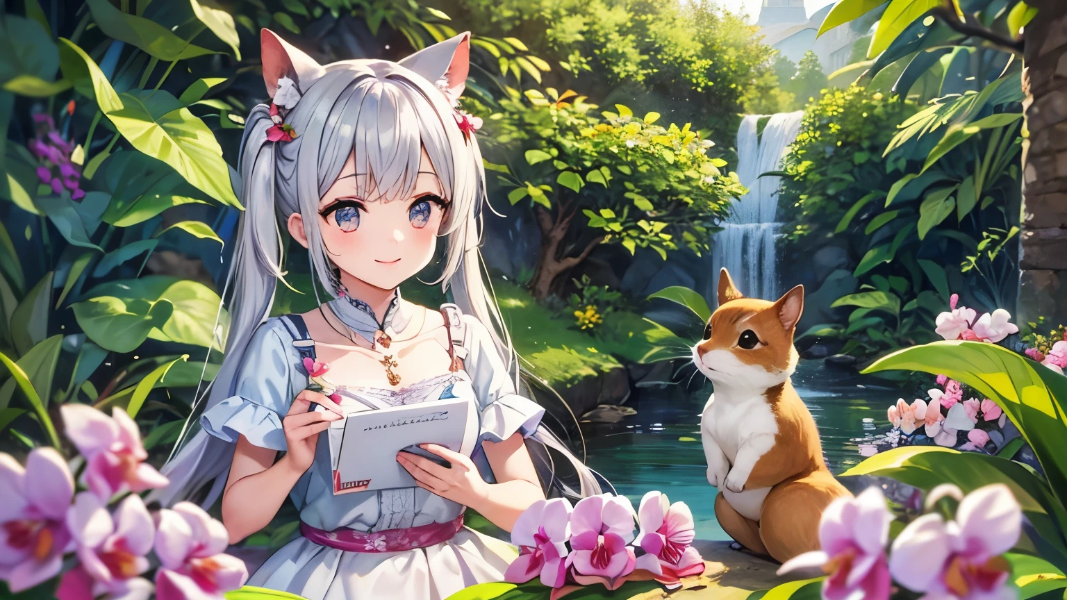 light blue long hair、Beautiful girl with twin tails、lots of orchids、Writing a white letter in the orchid garden、many orchid flowers、Cute squirrel in front of a beautiful girl(Some photos)、adorable smile、hyper hd,master piece,high details,high quality,best quality,High resolution,1080P,4K,8K,16k,masterpiece