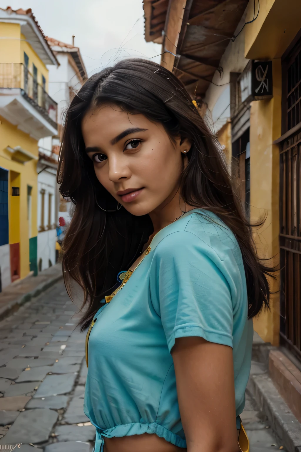 RAW UHD photo of a 24-year-old stunning Colombian woman, her personality reminiscent of the timeless charm of Colombia. Her eyes, filled with stories, eyes are a light shade of green, exuding wisdom with a touch of mischief. Her lips, rich and red, mirror the vitality of Colombian culture. Her hair, as dark and flowing as the Colombian night sky, frames her face. Dressed in a modern outfit, vibrant colors seem to reflect the very spirit of Colombia. The environment around her showcases a blend of symbolic street scenes from Cartagena—vintage cars, colorful buildings, and the heavenly blue sky.
