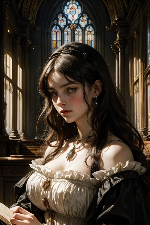 noble lady, ingres style, neoclassical painting, long hair, veiled, dark and gloom atmosphere, john singer sargent, joshua reynolds, federico de madrazo, catholic woman, holding rosary, pre-raphaelite, john waterhouse, frederick sandys, burne jones, dante gabriel rossetti, cottage core, flowers, cute and beautifull face, big eyes, uper body, rembrandt interior scene, intimate and privet scene ((classical art)), ((best quality)), gothic art, interior church, melancholic, dramatic story telling, soft edges shadows, crucifix, holly place, praying, old books, old furniture, wooden house, atmospheric lighting through window, gothic ornaments