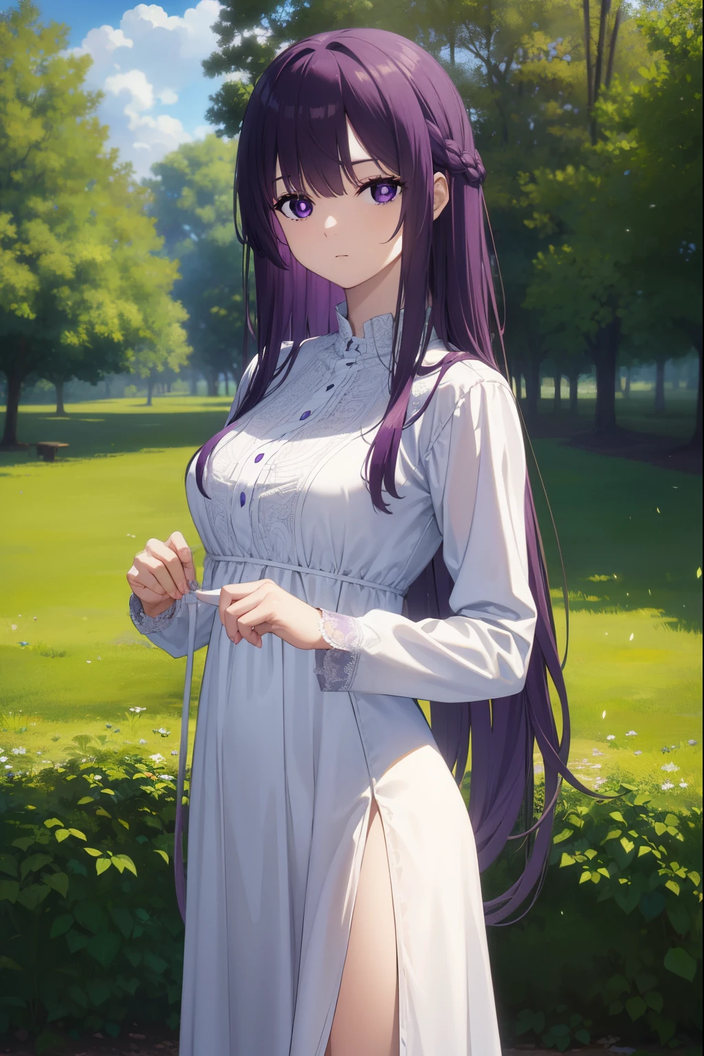 fern, fern, long hair, bangs, (purple eyes:1.1), purple hair, sidelocks, blunt bangs, (bright pupils:1.5), half updo,
BREAK long sleeves, dress, white dress, long dress, robe, black robe,
BREAK outdoor, sky, clouds, sun, forest, trees,
BREAK looking at viewer, (cowboy shot:1.5),
BREAK (masterpiece:1.2), best quality, high resolution, unity 8k wallpaper, (illustration:0.8), (beautiful detailed eyes:1.6), extremely detailed face, perfect lighting, extremely detailed CG, (perfect hands, perfect anatomy),