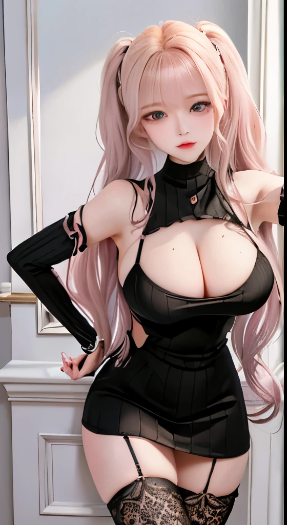 masterpiece, highest quality,, 1 girl, (Finely drawn beautiful eyes and detailed face), bimbo, big breasts、big cleavage、Vertical ribbed sweater dress、garter belt & fishnet tights、Are standing