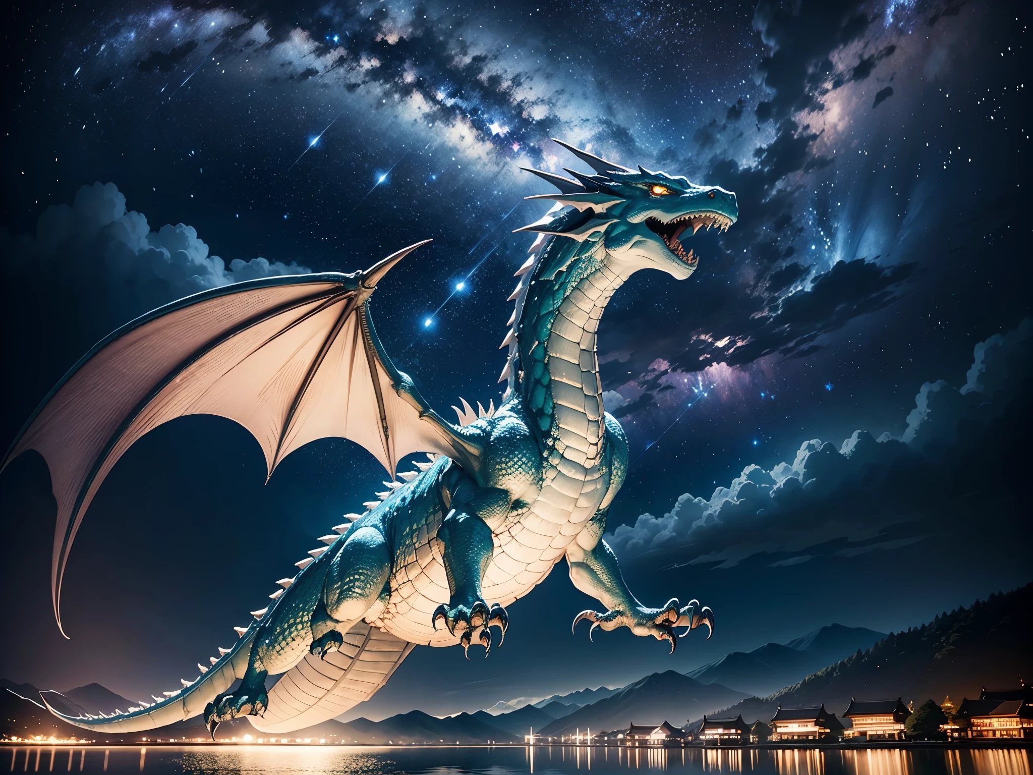 A large pale dragon flying over Lake Suwa at night、beautiful starry sky、Beautiful stars reflecting on the water surface