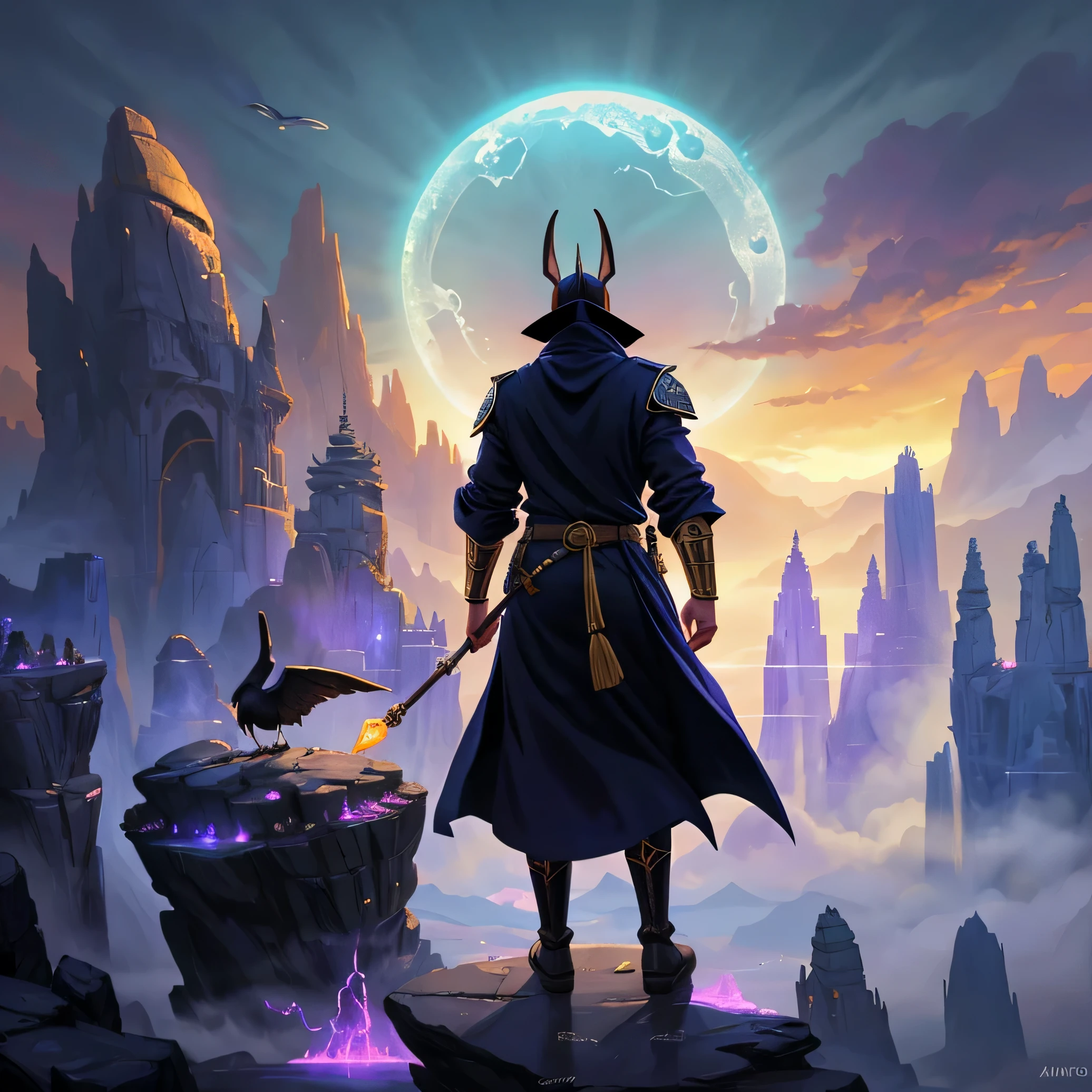 Arafed image of a man in a robe standing on a rock., pintura digital de rayos divinos, epic fantasy sci fi illustration, Arte digital 4k muy detallado, a sinister fantasy illustration, Abstract hidden epic composition, Surreal mystical atmosphere, epic surrealism 8k oil painting, dreamy digital painting, sci-fi digital art illustration, Foto del fantasma de Anubis