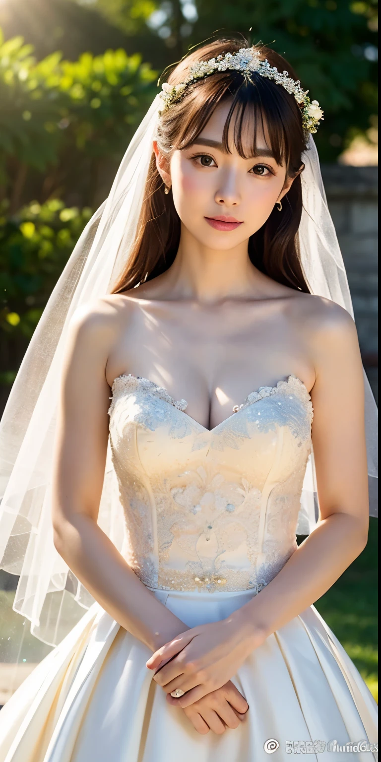 Chuanyong with gorgeous wedding dress，Late night starry sky，Extremely realistic，stand up straight，Hold your chest out，The most beautiful woman here，4086kbit，Extreme details，The truth of the skin and the texture of the skin，plenty of sunshine，Innocent，cute，Yua Mikami，Yu Shinoda，Upper body close-up