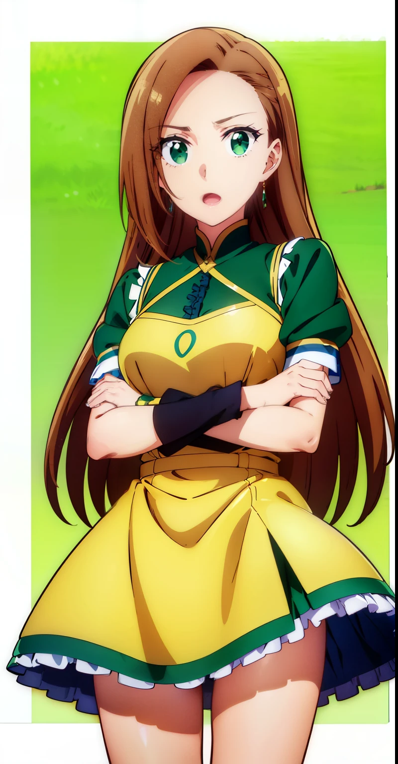 (((highest quality))), ((super detailed)),katalina、 ((illustrinion)), ((messy hair)), ((frills)), super mini skirt、beautiful woman、beautiful breasts、Beautiful camel toe、(1 girl),(一人in),brown hair,cowboy_shot，crossed_arm，looking for_in_viewer，Open_mouth，simple_background，Are standing，rining:Safety，agriculture_clothing，green_Clothes,green_eye,((highest quality))), ((super detailed)), ((illustrinion)), ((messy hair)), ((frills)), (1 girl),(一人in),,cowboy_shot，crossed_arm，looking for_in_viewer，Open_mouth，simple_background，Are standing，rining:Safety，agriculture_clothing，green_Clothes,green_eye,