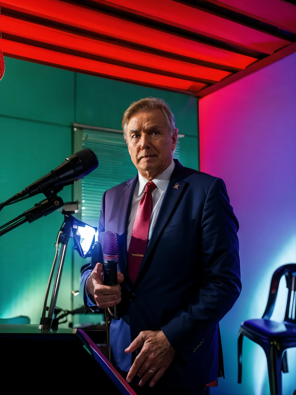 There's a man in a suit and tie standing in front of a microphone, Salustiano García Cruz, Direction: Rodolfo Morales, Arauto Ortega, canais juan diaz, Carlos Ortega Elizalde, Ignatius Fernandez Rios, by Manuel Ortiz de Zárate, eloymorales, André Rios, vitor maristane, luiz escanuela