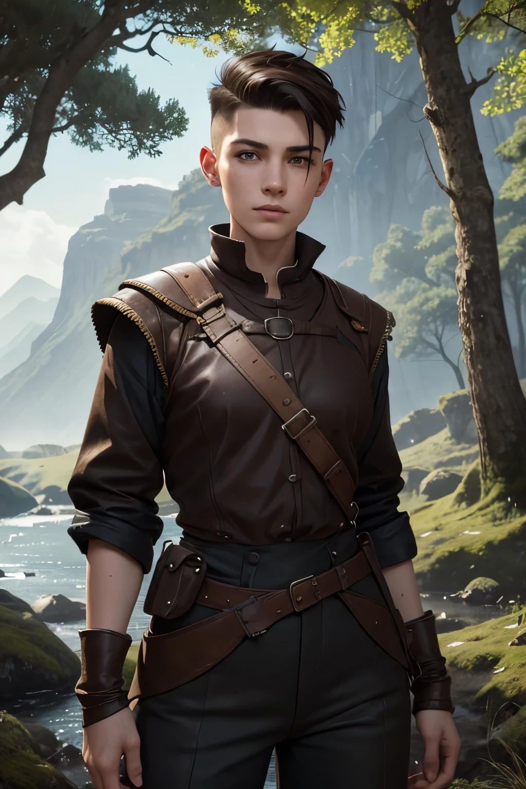 A young androgynous woman with a undercut. Kind. Friendly. Tomboyish. Happy. Skinny. Very short manly haircut. Dark-brown hair. Sides shaved, undercut. Very pale skin with freckles and liverspots. A soft round face with freckles and liverspots. Upturned dark-brown eyes. Very thin and barley visible eyebrows. A long and wide nose. Wide curved lips. Round chin. Slim body. . Wide hips. Thick legs. Used dirty medieval clothing of a lonley ranger and wanderer with tight trousers. Beautiful bright fantasy landscape in the background with shiny forest and rivers.