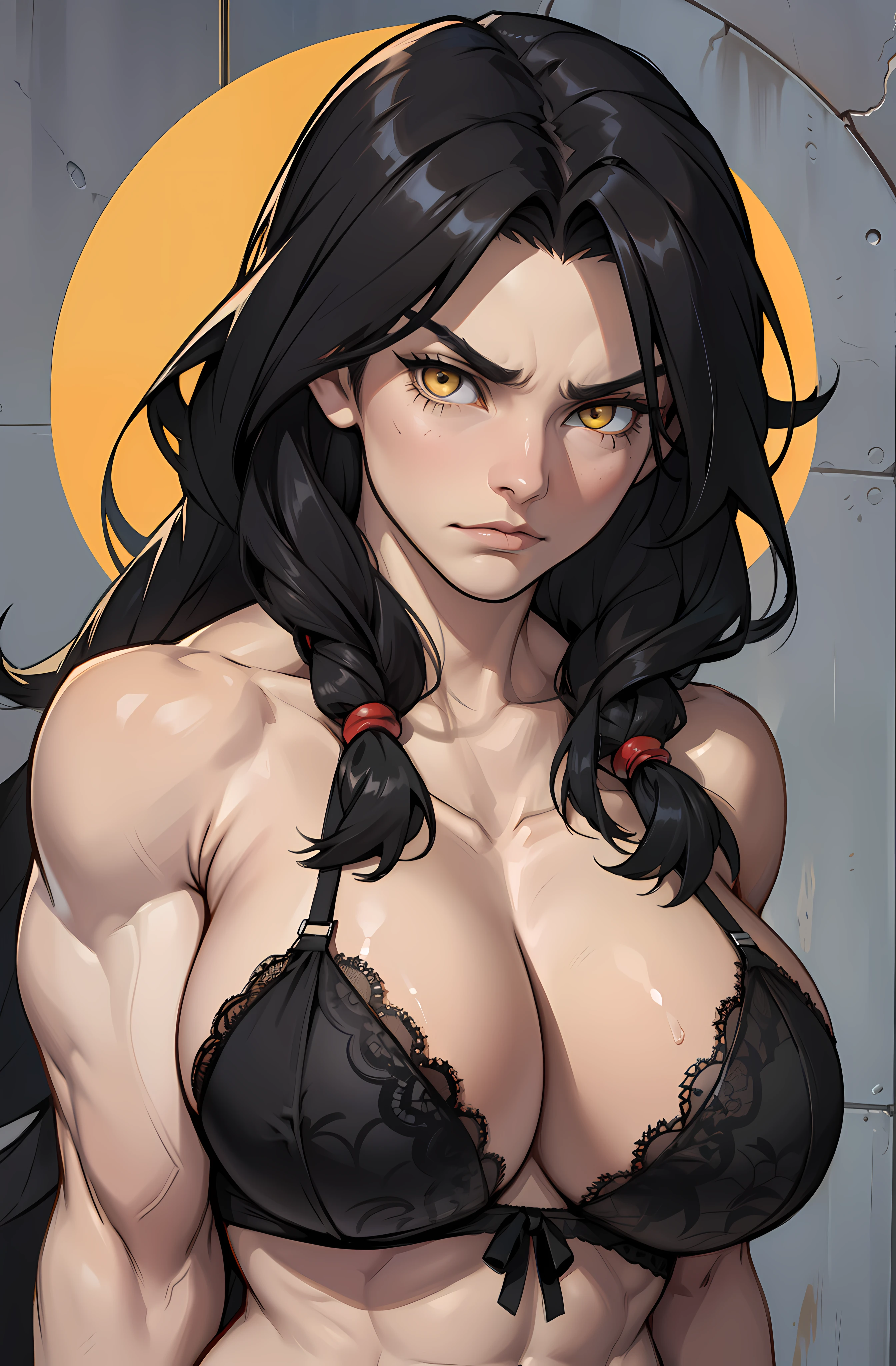 ((1 girl)), extremely long hair, solo, ((muscular)), veins, black hair, yellow eyes, pale skin, strong, veins, abs, (huge breasts), frowning, close up lace lingerie