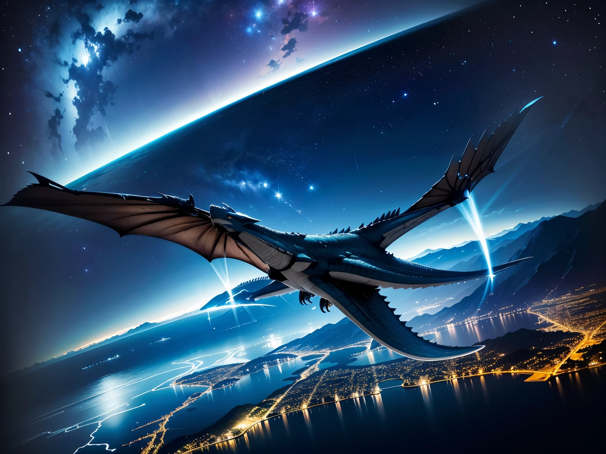 A wyvern the size of a passenger plane flies over Lake Suwa late at night.、The wyvern emits a blue-white light.、beautiful starry sky、Beautiful stars reflecting on the water surface、