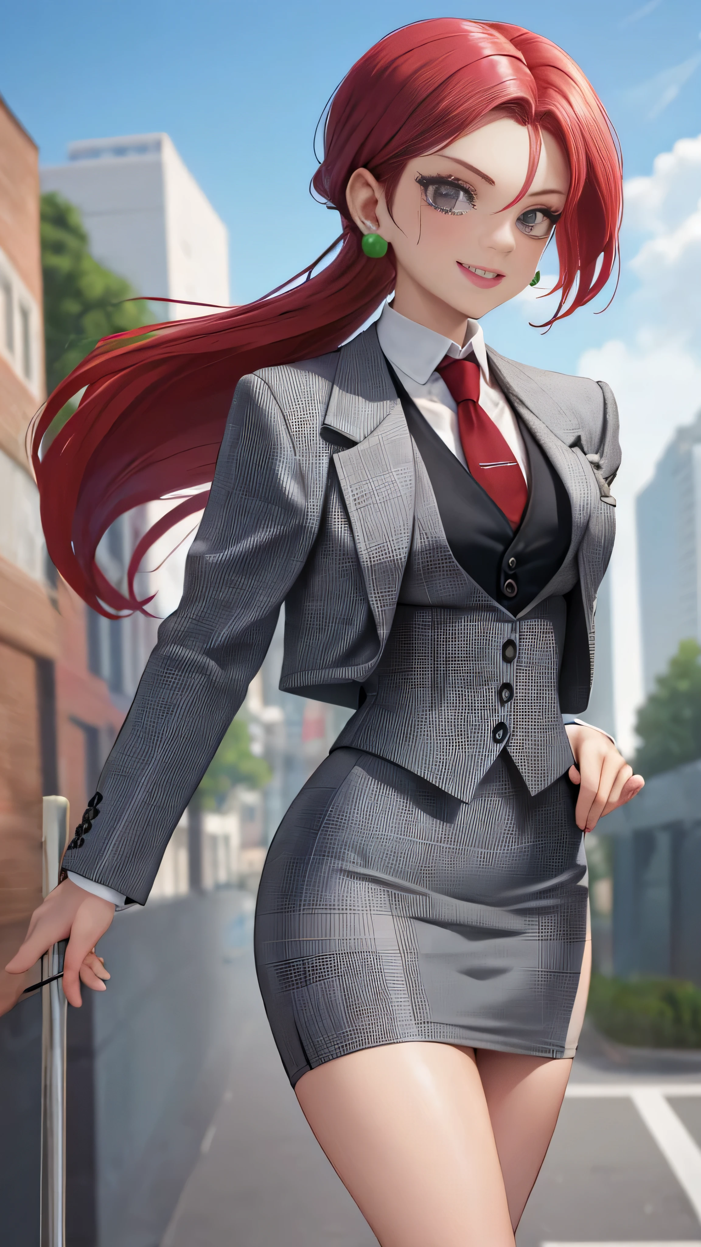 (masterpiece, best quality), 1girl, solo, red hair, swept back hair, jessie, long eyelashes, grey plaid skirt suit, (((three-piece suit))), necktie, blazer, (((suit jacket))), (((waistcoat))), double-breasted waistcoat, (((bodycon miniskirt))), (((pencil skirt))), cufflinks, tie clip, pocket square, pocket watch, pantyhose, high heels, earrings, ear piercing, outdoors, walking, happy, smile, wind, floating, upper body, looking at viewer, shiny clothing 