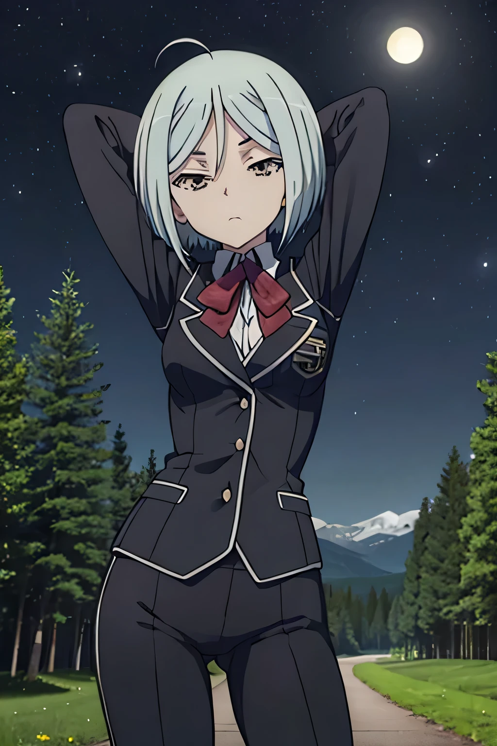 (((pixel-perfect, detail-perfect))), solo, 1girl, arin kannazuki, school uniform, blazer, closed_mouth, night sky, forest, arms behind head, spread armpits, contrapposto, cowboy shot, expressionless, shy, 1girl, looking at viewer,