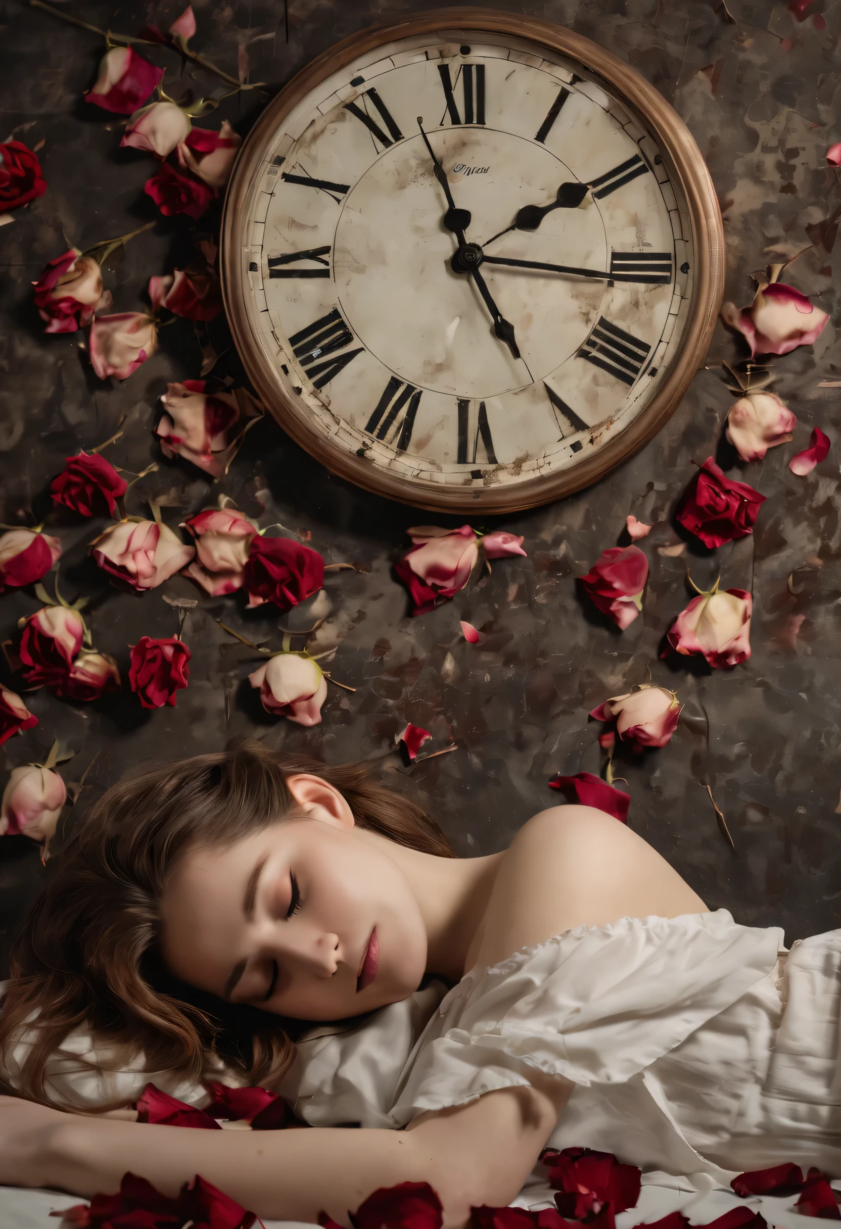 dead,Beautiful woman sleeping,Clock on the wall,Wilted roses,Scattered rose petals