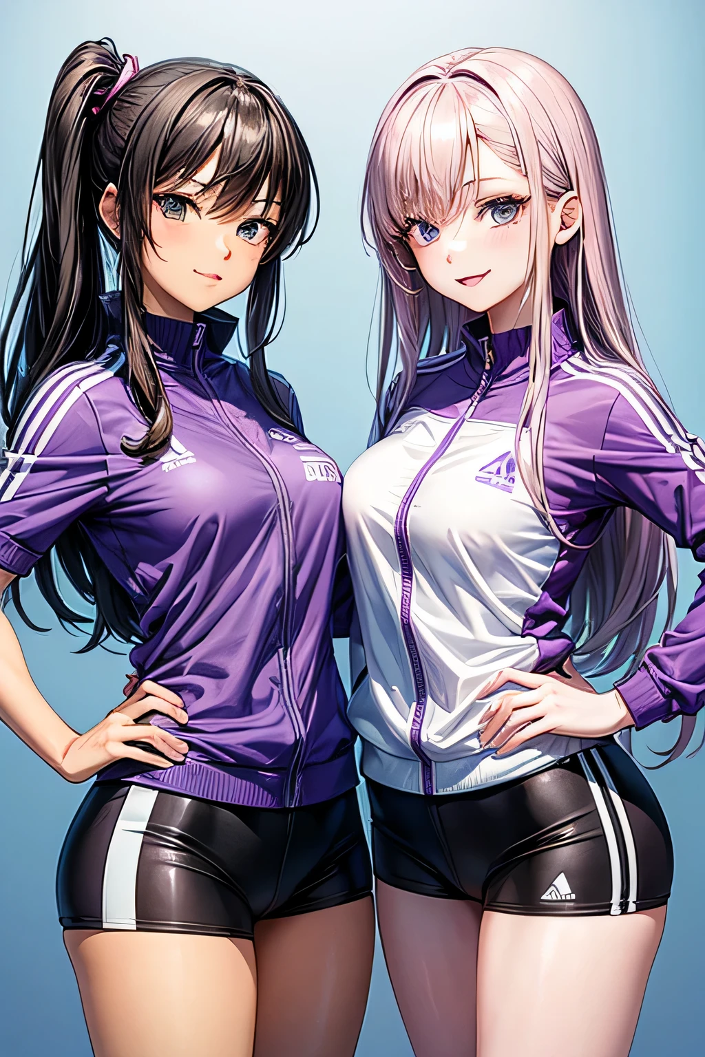 anime - style picture of two women in purple sports uniforms posing for a picture