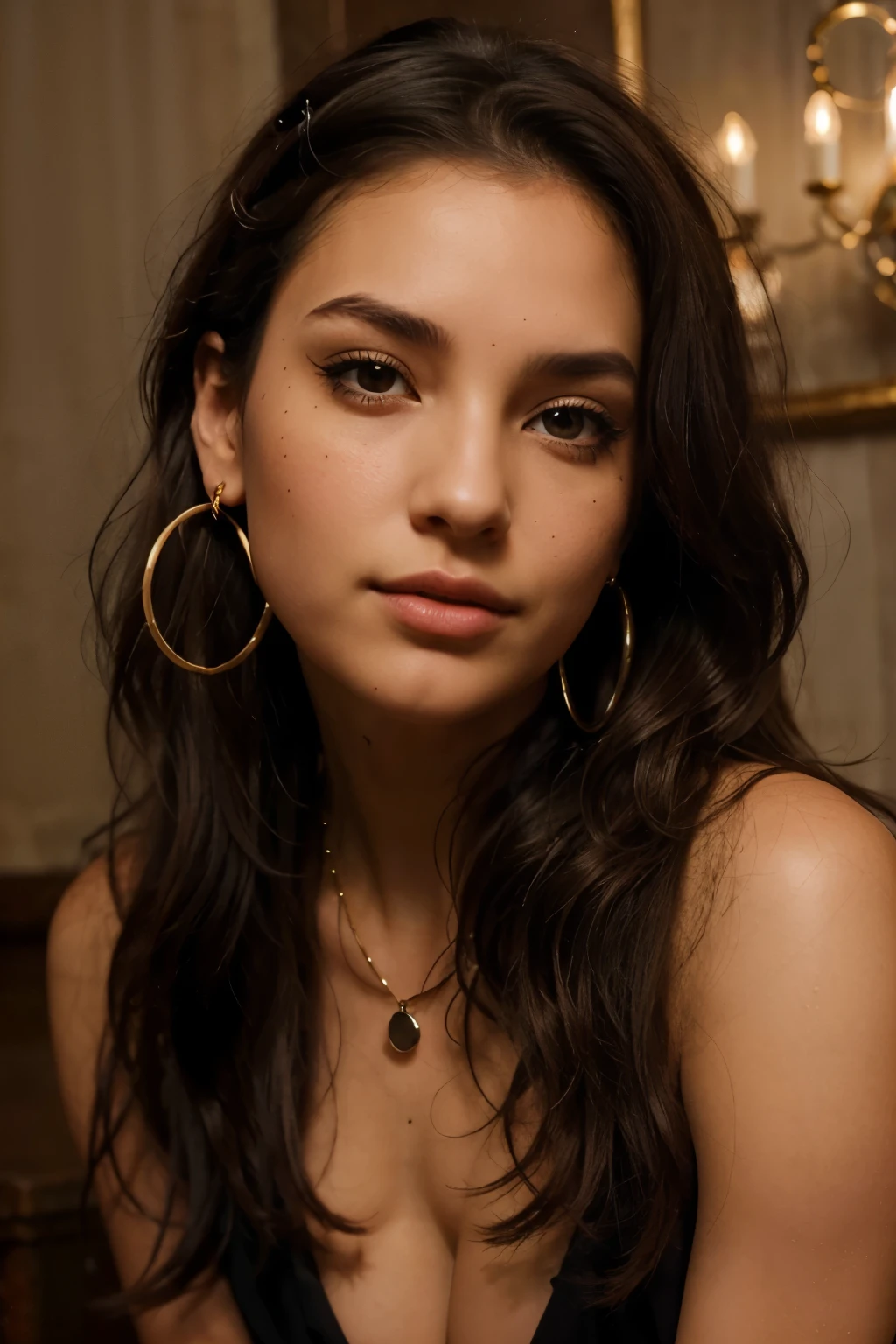 Create a bold and seductive half-bust portrait of a girl radiating Gypsy charm. Highlight the enchanting beauty of her deep, magnetic black eyes, distinctly fuller lower lips, and long, wavy light brown hair flowing provocatively to her waist. Illustrate a slightly darker complexion, and bring out her unique features with two moles near her right eye. Capture her charismatic allure with three hoop earrings in her right ear, one hoop earring in her left ear, and distinctive accessories like necklaces, bracelets, and rings adorned with stones for a realistic and captivating portrayal. narrow nose. narrow and pointed nose.

