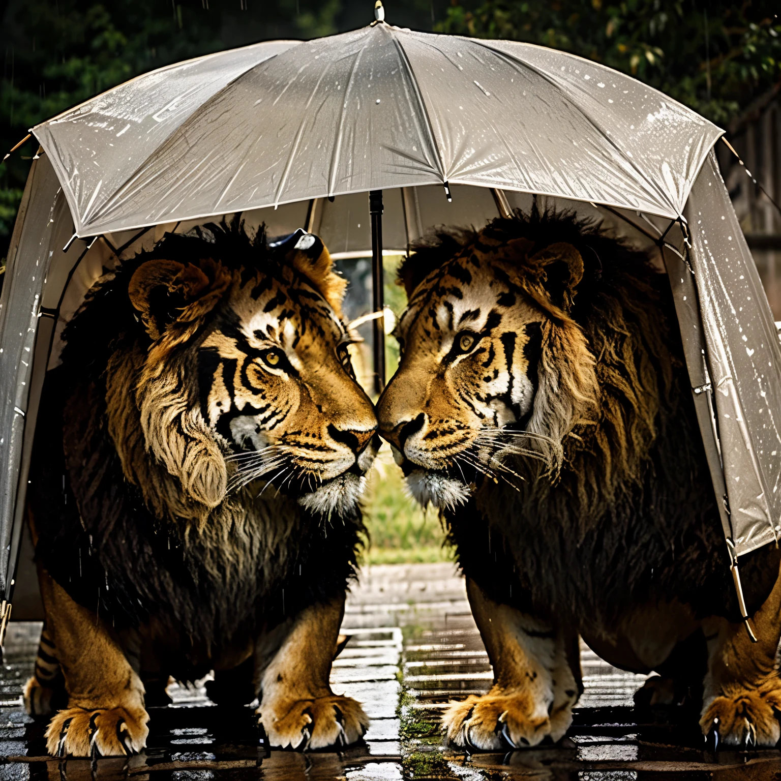 a lion in the rain and at night with a few scars in realistic. The lion is very powerful and on the other side of the picture is also a very powerful tiger and the two are facing each other