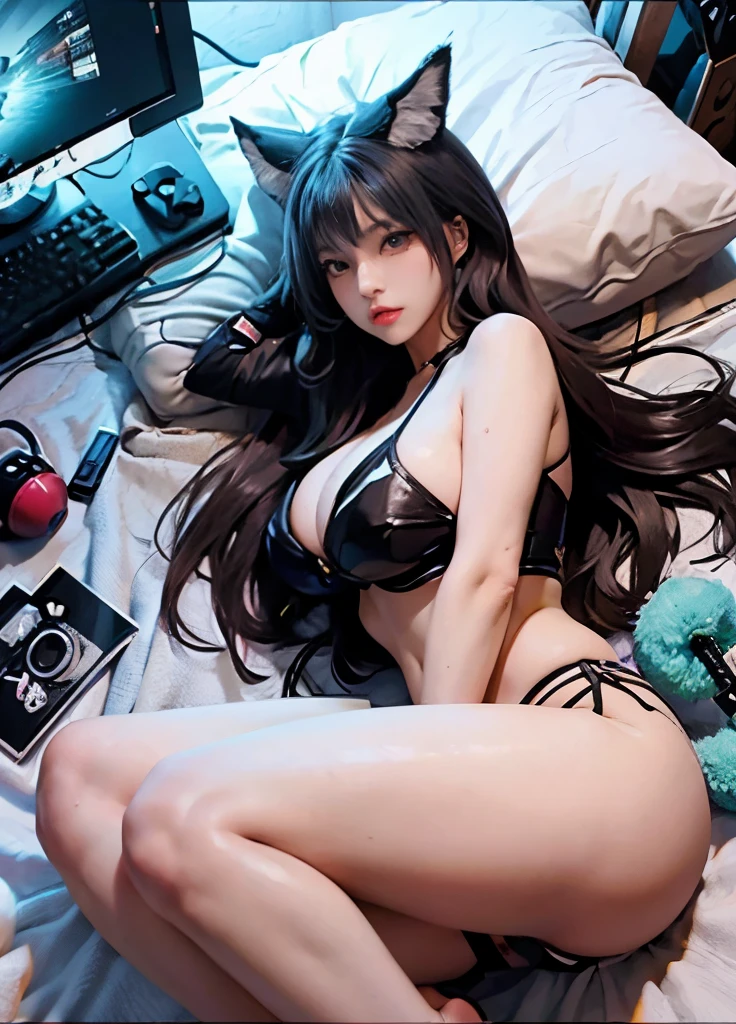 beautiful catgirl gamer in bed, sexual fantasy, fully nude, lying next to a big sextoy and candy and a ps5 controller, gamergirl, Lolita, large full breasts, one girl, solo, inside her bedroom, overhead view, high resolution, perfect composition, full body portrait, shot from above, looking at viewer, perfect body, perfect face, perfect emerald eyes, bimbo lips, erotic, 8k, masterpiece, trending on pixiv, trending on civitai, curvy and thick but fit with six pack abs, twitch girl, vtuber, hololive girl, azur lane