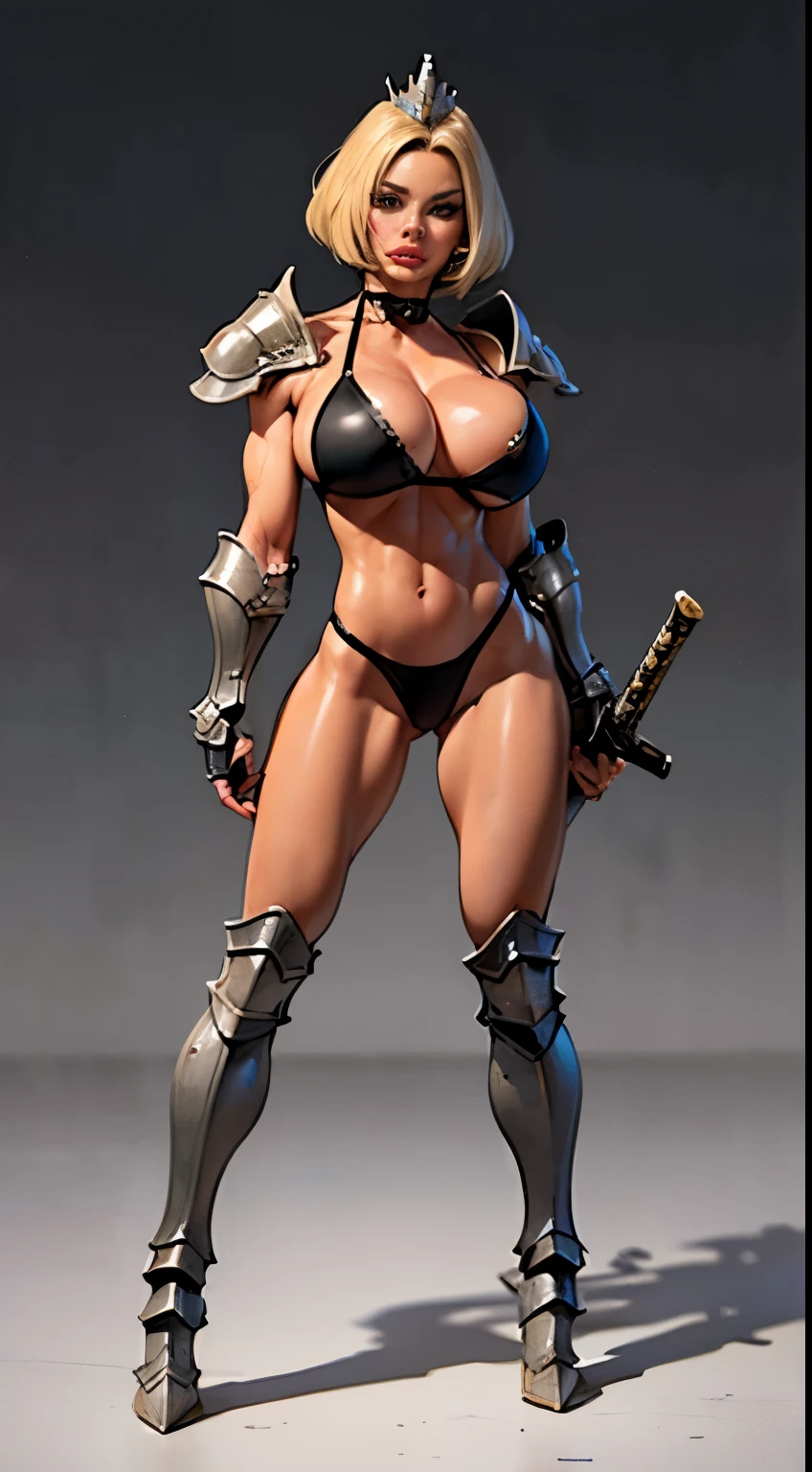 Jessa Rhodes face, woman, bobcut, blondehair, ((black skin:1.4)), adorned in medieval armor, twerking, metal muscles, emanating a medieval elegance and marvel, armor pump boots, chrome bra, chrome silver tiara, small armband, (shoulder armor), gauntlets, ((armored bikini:1.4)), sword, shield, exposed midriff, (puffy lips:1.3), detailed eyes, ((slendered abs:1.2)),((gigantic breasts:1.1)), wide hips, (puffy lips:1.5), slender abs,rim lighting, side light, (((cinematic light))), ultra high definition, 8k, film grain,best shadow, light particles, detailed skin texture, detailed gem armor texture, detailed face, intricate details, super detailed, bright, spiked heel boots