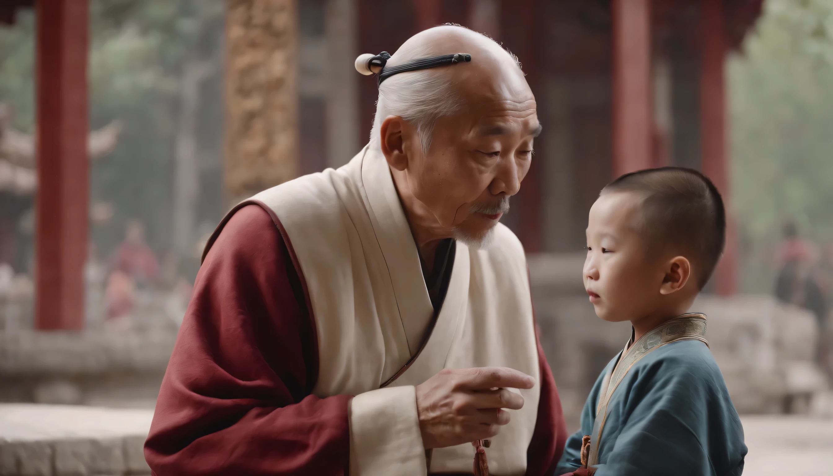 old chinese man as zen master talking to young chinese man in temple area, 8k, cinematographic, hiperrealista
