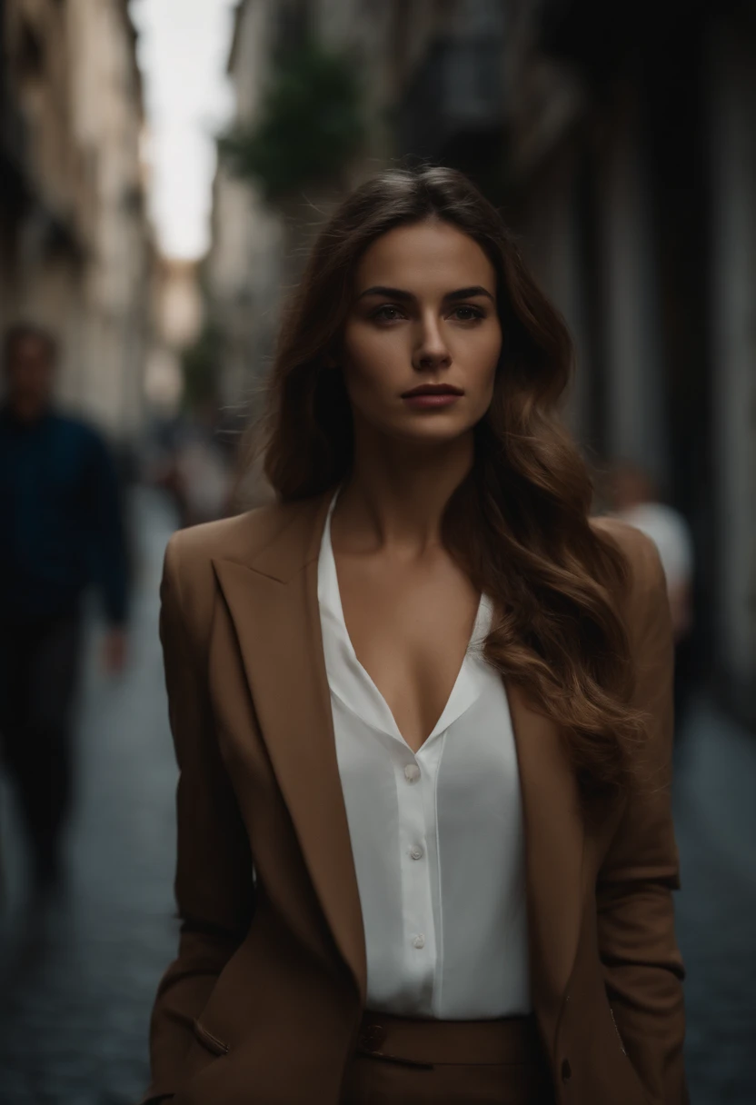 (masterpiece, photorealistic, raw,: 1.4), (very complex: 1.2), full shot view, cinematic light, side lighting, super sharp, best shadow, RAW, very beautiful and attractive European girl model, long gray cloak and belt and white shirt, brown hair, bokeh in the background of the city and passers-by, shops at sunset, fine details of the face and skin texture, precise lips, very detailed and symmetrical eyes, busy city, sunset, amazing street, golden time, bright hair, Golden light, cinematic portrait, full resolution background, crowded with moving cars and slow shutter speed, famous New York City street, buildings