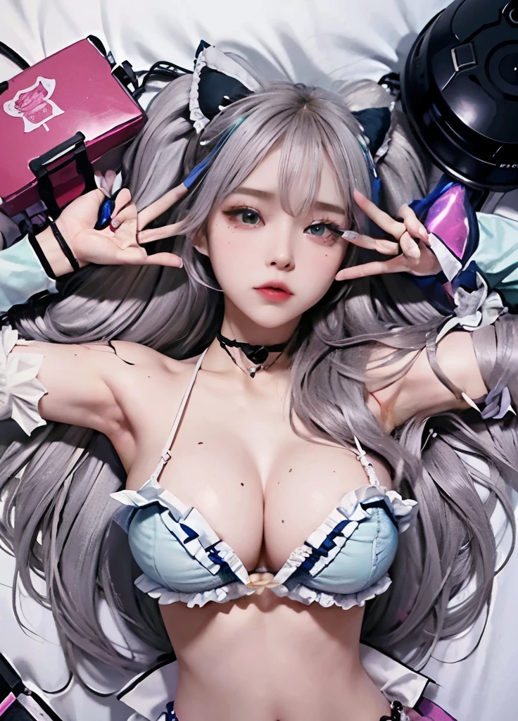 beautiful catgirl gamer in bed, sexual fantasy, fully nude, lying next to a big sextoy and candy and a ps5 controller, gamergirl, ta, large full breasts, one girl, solo, inside her bedroom, overhead view, high resolution, perfect composition, full body portrait, shot from above, looking at viewer, perfect body, perfect face, perfect emerald eyes, bimbo lips, erotic, 8k, masterpiece, trending on pixiv, trending on civitai, curvy and thick but fit with six pack abs, twitch girl, vtuber, hololive girl, azur lane