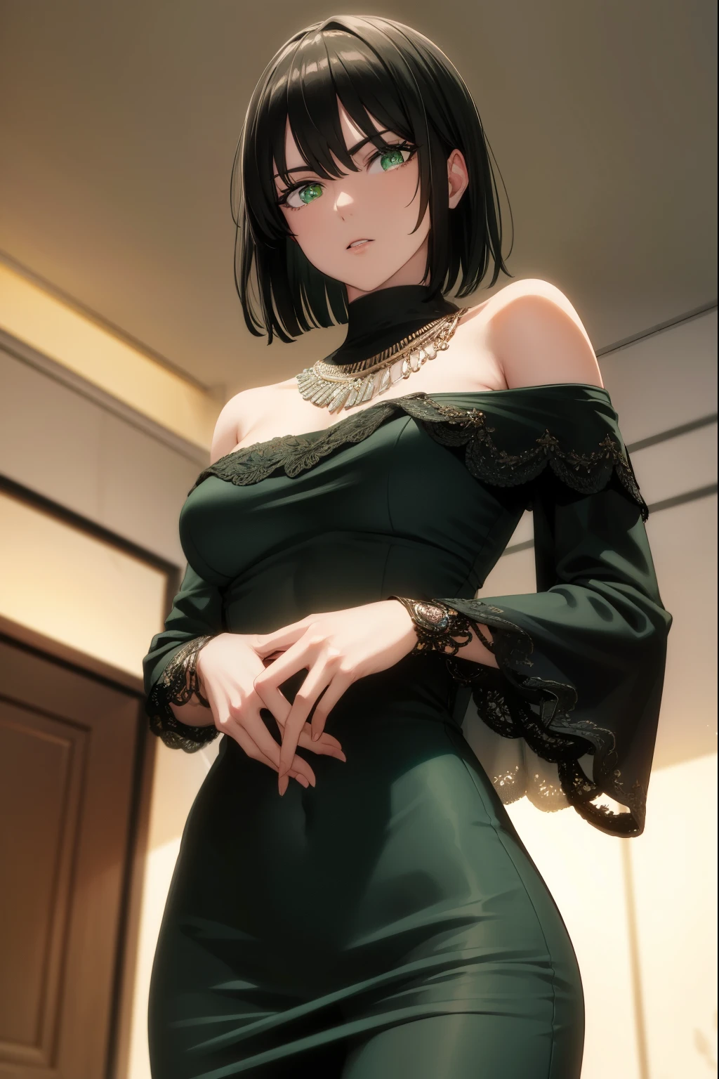 fubuki, fubuki, black hair, (green eyes:1.5), short hair,
BREAK black dress, dress, fur coat, high collar, jewelry, necklace, off shoulder, taut clothes, taut dress,
BREAK outdoors,
BREAK looking at viewer, (cowboy shot:1.5),
BREAK (masterpiece:1.2), best quality, high resolution, unity 8k wallpaper, (illustration:0.8), (beautiful detailed eyes:1.6), extremely detailed face, perfect lighting, extremely detailed CG, (perfect hands, perfect anatomy),