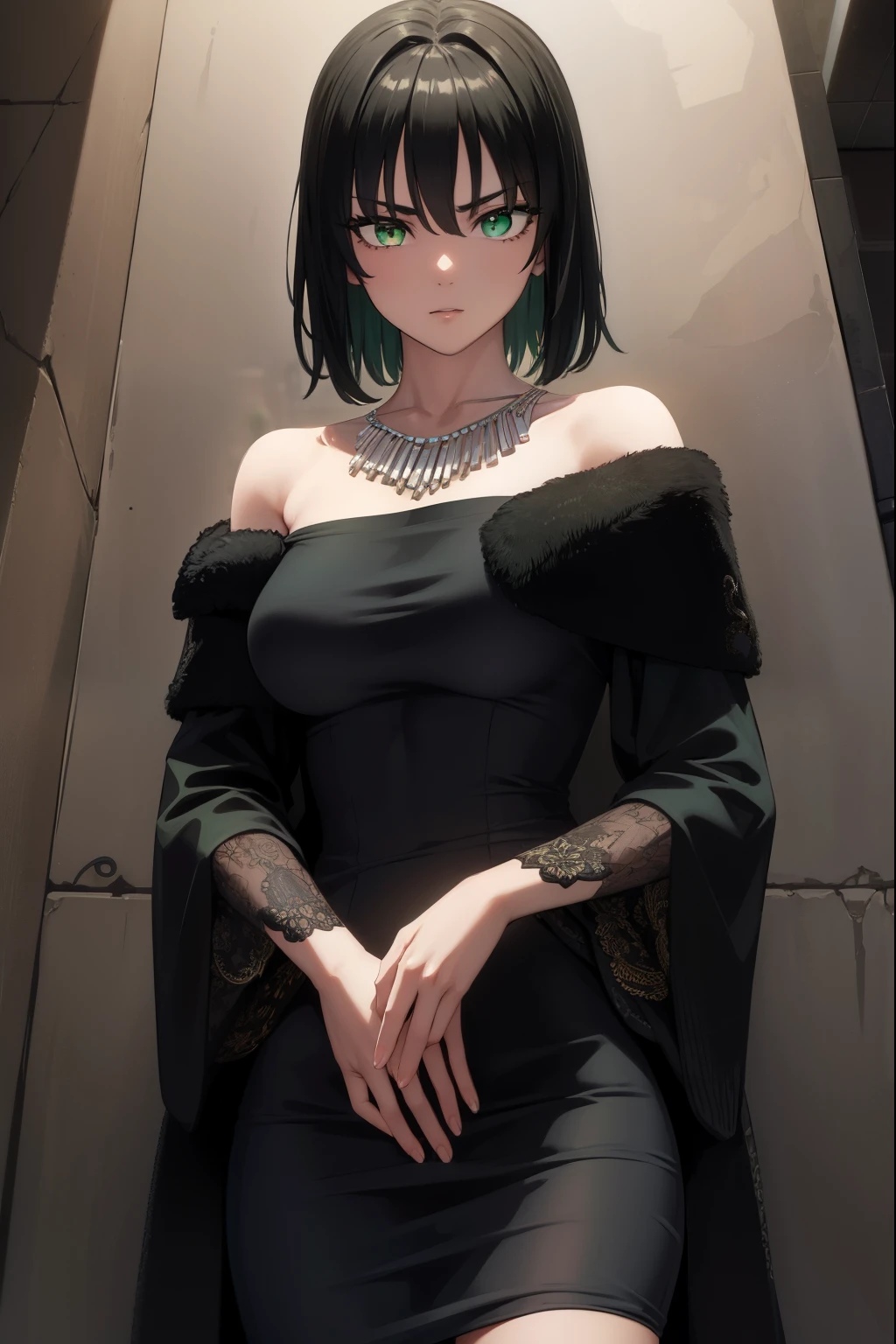 fubuki, fubuki, black hair, (green eyes:1.5), short hair,
BREAK black dress, dress, fur coat, high collar, jewelry, necklace, off shoulder, taut clothes, taut dress,
BREAK outdoors,
BREAK looking at viewer, (cowboy shot:1.5),
BREAK (masterpiece:1.2), best quality, high resolution, unity 8k wallpaper, (illustration:0.8), (beautiful detailed eyes:1.6), extremely detailed face, perfect lighting, extremely detailed CG, (perfect hands, perfect anatomy),