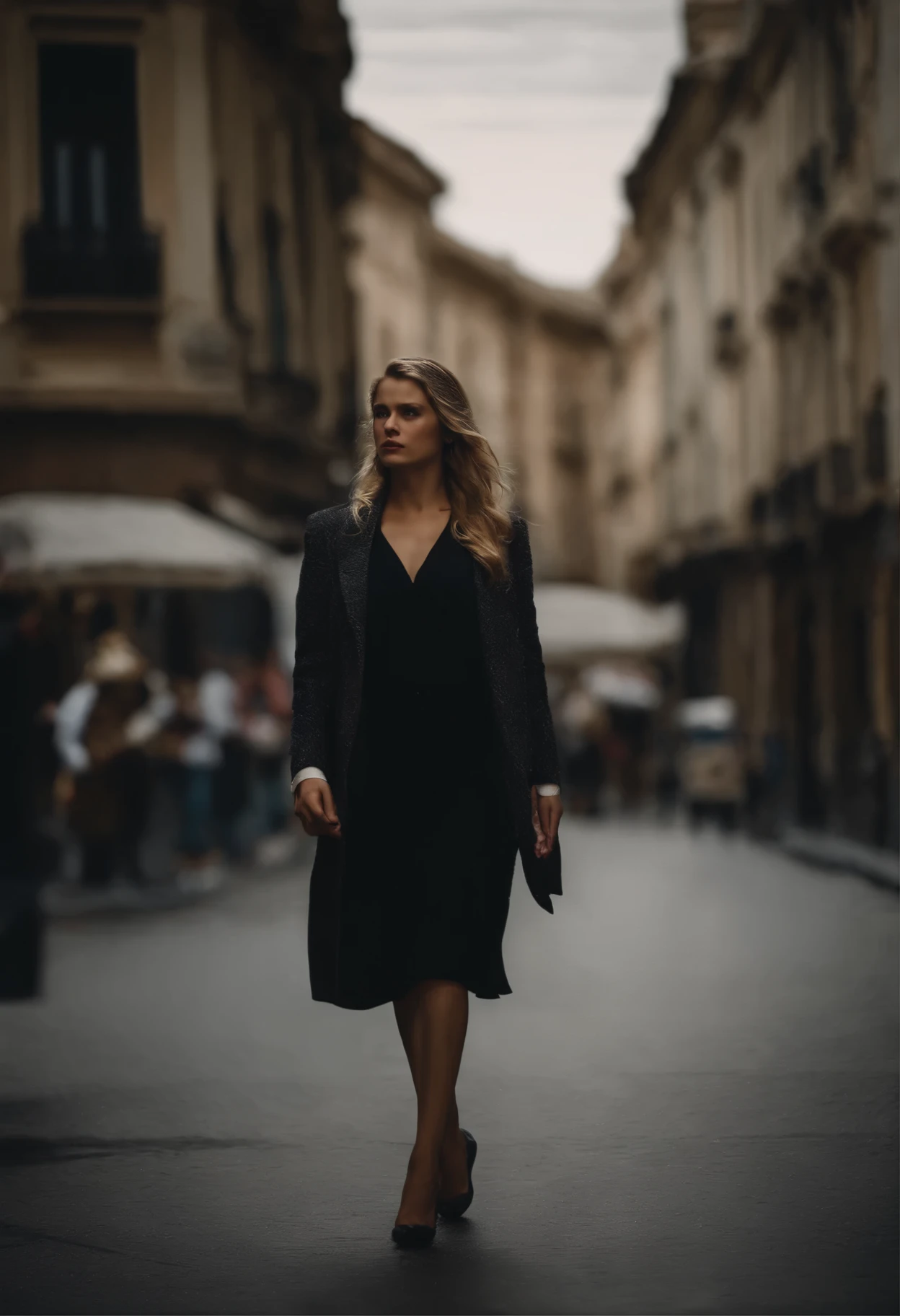 Reality and illusion Una mujer joven con ropa formal en la calle, un tono oscuro en la fotografia pelo rubio