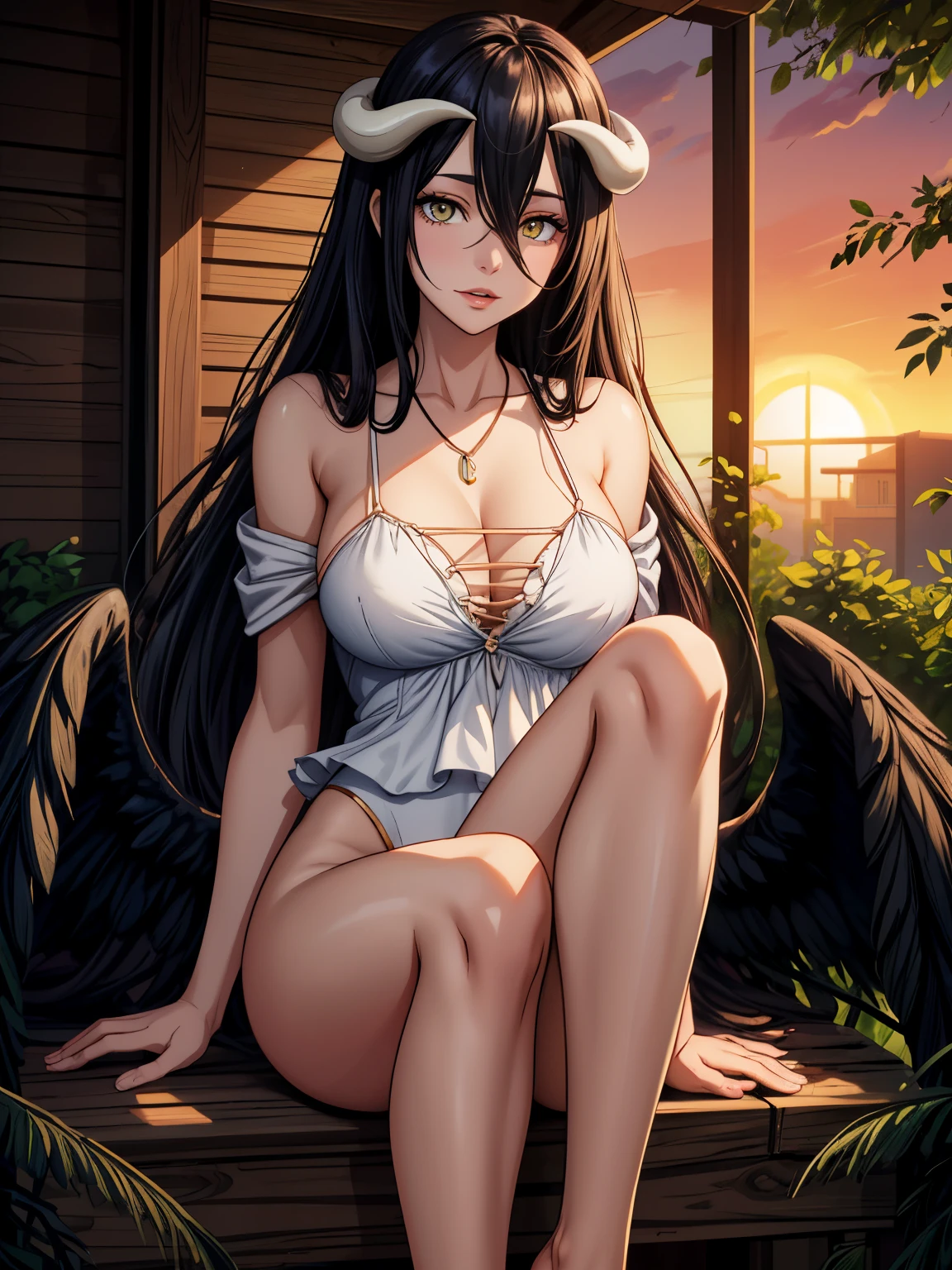((masterpiece)), (best quality),, official art, extremely detailed CG unity 8k wallpaper, highly detailed, shiny skin, Depth of field, vivid color,, 1girl, (curvy:0.6), (full body:0.8), girl wearing sexy clothes, sexy , portrait sophie mudd, casual pose, gorgeous young model, cute young woman, a beautiful -aged girl, very pretty model, young , cute young girl, beautiful young girl, beautiful model, long black hair, dark hair, shiny hair, young and cute girl, girl, Albedo, Overlord, Albedo anime, anime, looking at me, high shadow texturing, shadows included, looking epic, epic background, epic place, single person, nobody else, wearing swimsuit,horns, wearing somethink cute, wearing cute dress, adorable, kawaii, cute, proud, happy, definision of happines, sun is shining, sunshine, epic lighting, sunning, 18+ , epic background, super epic backgorund, backgorund theme, suepr shadowing, shadows, dynamic lighting, wearing sexy clothes of random color, (Background: forest,old town, sunset, sunny forest, nature), poses: (Poses: legs crossed)