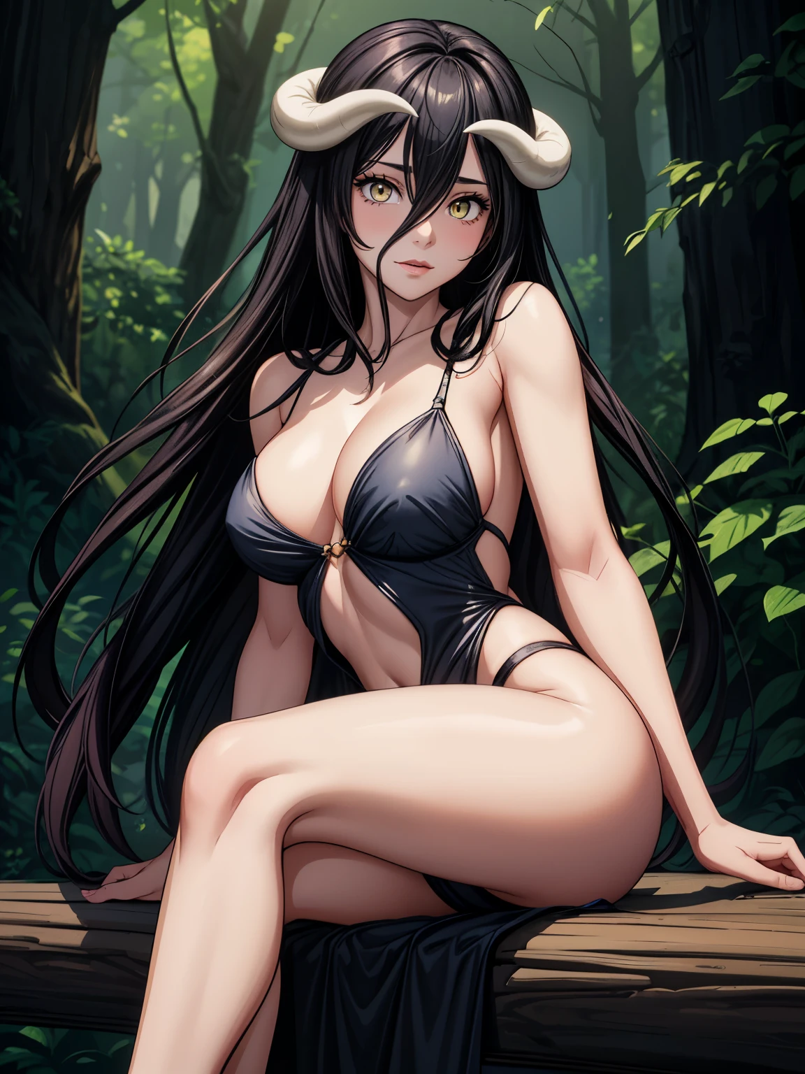 ((masterpiece)), (best quality),, official art, extremely detailed CG unity 8k wallpaper, highly detailed, shiny skin, Depth of field, vivid color,, 1girl, (curvy:0.6), (full body:0.8), girl wearing sexy clothes, sexy , portrait sophie mudd, casual pose, gorgeous young model, cute young woman, a beautiful -aged girl, very pretty model, young , cute young girl, beautiful young girl, beautiful model, long black hair, dark hair, shiny hair, young and cute girl, girl, Albedo, Overlord, Albedo anime, anime, looking at me, high shadow texturing, shadows included, looking epic, epic background, epic place, single person, nobody else, wearing swimsuit,horns, wearing somethink cute, wearing cute dress, adorable, kawaii, cute, proud, happy, definision of happines, sun is shining, sunshine, epic lighting, sunning, 18+ , epic background, super epic backgorund, backgorund theme, suepr shadowing, shadows, dynamic lighting, wearing sexy clothes of random color, (Background: forest,old town, sunset, sunny forest, nature), poses: (Poses: legs crossed), innocent, shy, enjoying your company, very shy, jsut listening to you