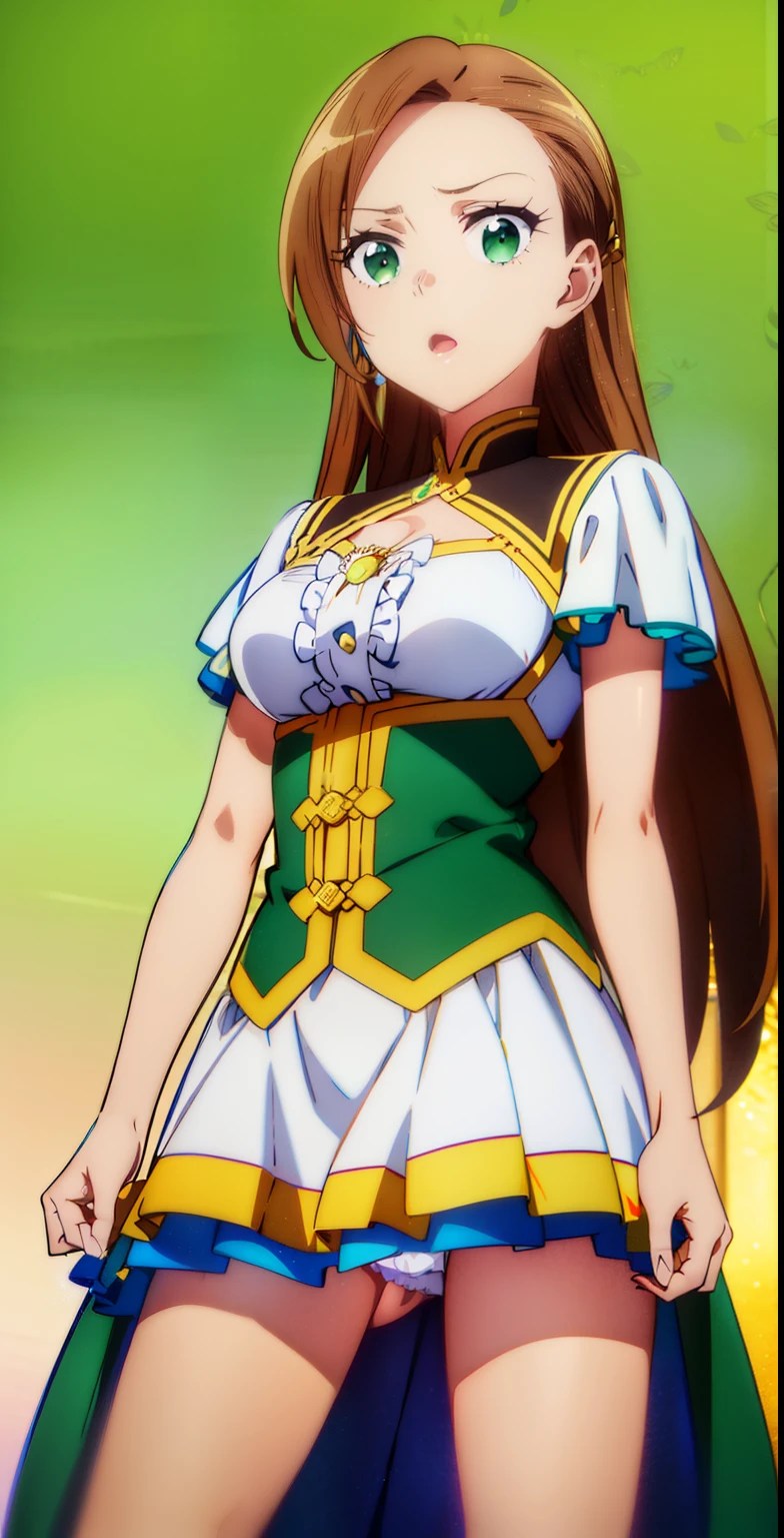 (((highest quality))), ((super detailed)),katalina、 ((illustrinion)), ((messy hair)), ((frills)), super mini skirt、beautiful woman、beautiful breasts、spread legs、show whitepanties,Beautiful camel toe、(1 girl),(一人in),brown hair,cowboy_shot，crossed_arm，looking for_in_viewer，Open_mouth，simple_background，Are standing，rining:Safety，agriculture_clothing，green_Clothes,green_eye,((highest quality))), ((super detailed)), ((illustrinion)), ((messy hair)), ((frills)), (1 girl),(一人in),,cowboy_shot，crossed_arm，looking for_in_viewer，Open_mouth，simple_background，Are standing，rining:Safety，agriculture_clothing，green_Clothes,green_eye,