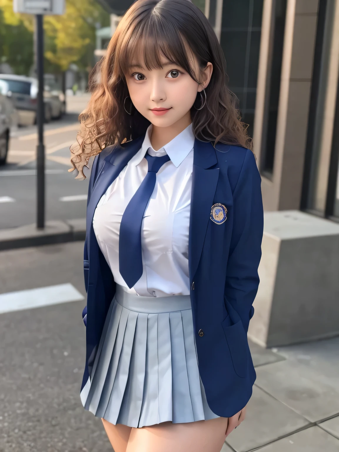 8K, highest quality, real image, intricate details, Super detailed, ultra high resolution, depth field,(realistic,realistic:1.2), frontal shot, From the middle, 1 girl, very beautiful girl, Big eyes, beautiful breasts:1.5、highly detailed eyes:1.2), (beautiful breasts:1.1), wavy hair、curly hair、bangs, perfect skin, Fair skin, huge hips, thick thighs, thick legs, anxious look、cleavage, tight waist, light blush, alone, looking at the viewer, light smile, (small breasts:1.2), ((School_uniform),(dark blue blazer), (white shirt、Wearing a tie), (gray pleated skirt), (sculpture installation :1.1)