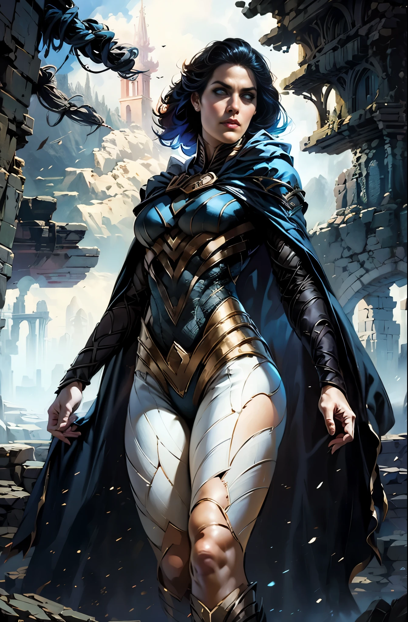 puffy woman in a black and blue costume standing in a hood, dramatic scene, Sorcerer's Tower, twilight, magnificent, 8k, stole, black clothes, twilight, dramatic scene, sky full of clouds, fluttering crumbling staircase and long cape , raven portrait, Chris Moore. artgerm, extremely detailed artgerm, artgerm greg rutkowski _ greg, detailed artgerm, artgerm style, artgerm comic, ivan talavera and artgerm style, artgerm style, 32k uhd, best quality, masterpiece, super details, high details, great realistic, HDR , UHD , vector image: 1.1,