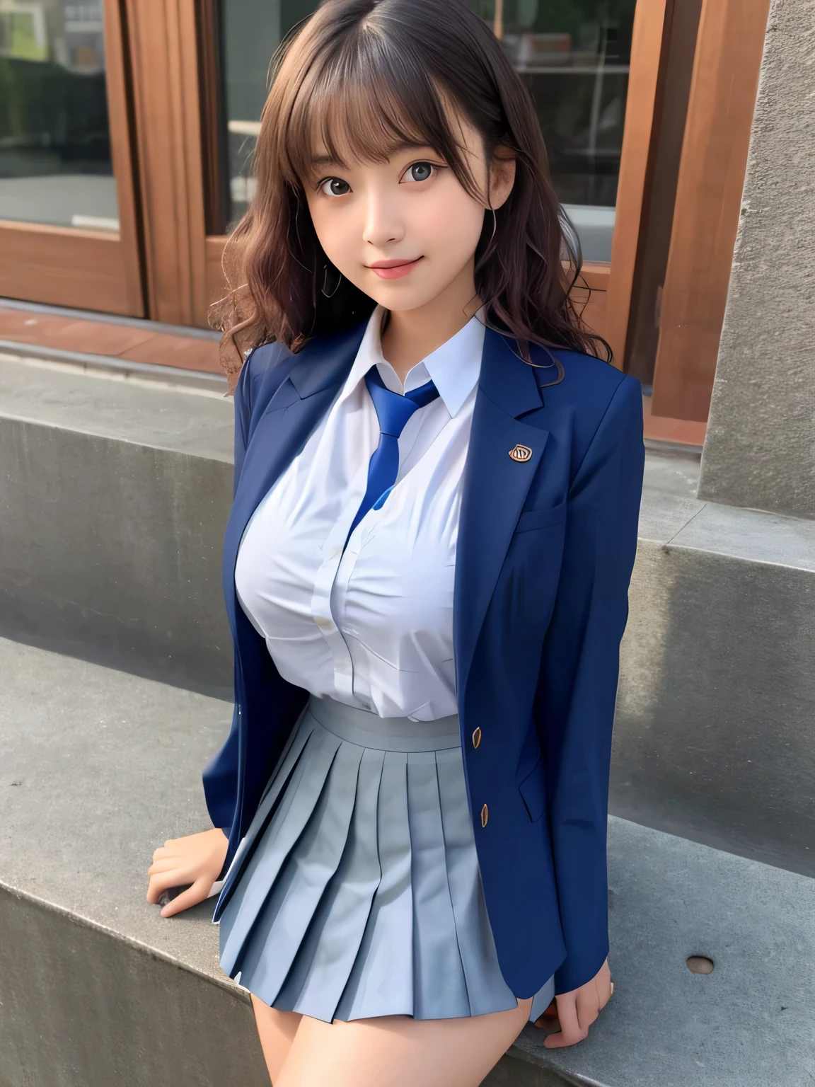 8K, highest quality, real image, intricate details, Super detailed, ultra high resolution, depth field,(realistic,realistic:1.2), frontal shot, From the middle, 1 girl, very beautiful  girl, Big eyes, beautiful breasts:1.5、highly detailed eyes:1.2), (beautiful breasts:1.1), wavy hair、curly hair、bangs, perfect skin, Fair skin, huge hips, thick thighs, thick legs, cleavage, tight waist, light blush, alone, looking at the viewer, light smile, break (small breasts:1.2), ((School_uniform),(dark blue blazer), (white shirt、Wearing a tie), (gray pleated skirt), (sculpture installation :1.1)