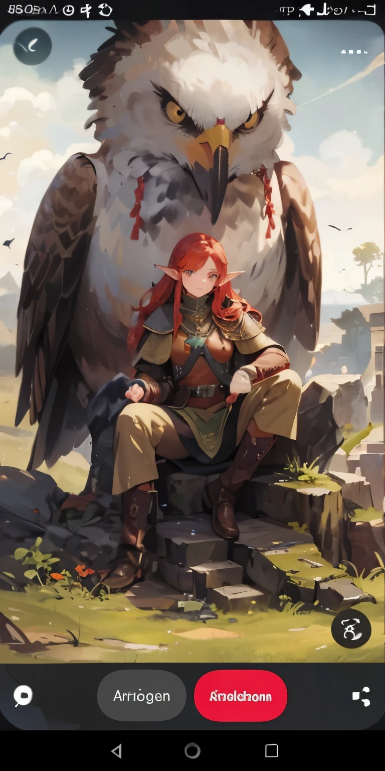 (Meisterwerk) An elven women sitting. Adventurer. Red hair. Long hair. DND. Even druid. Bow. Green and brown leather armour. Hero. Sitting on stone. Full body. One women. ginger. Backpack . In the background is a giant bird looming over her. Eagle. Owl