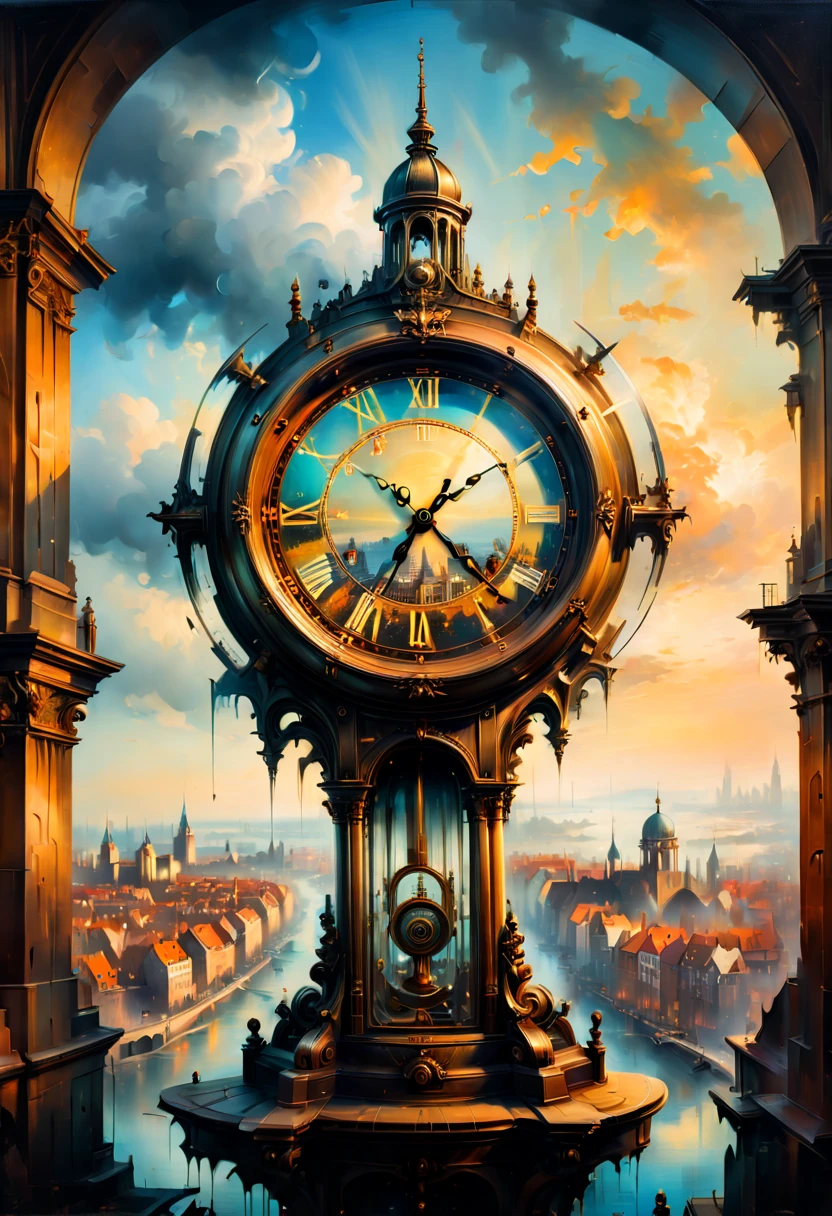 Double exposure of a clock and city view, clock fused with city view, fantasy art, year 1700, Oil Painting, (best quality, masterpiece, Representative work, official art, Professional, 8k)
