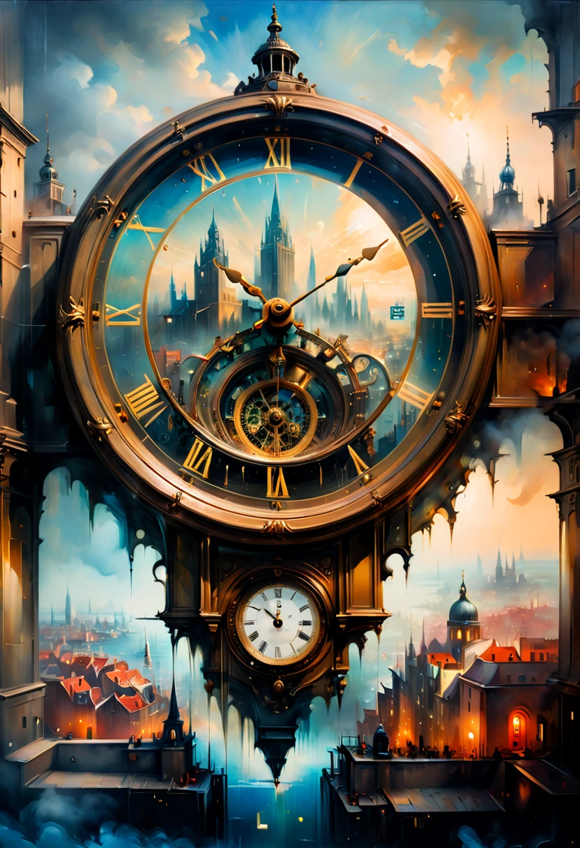 Double exposure of a clock and city view, clock fused with city view, fantasy art, year 1700, Oil Painting, (best quality, masterpiece, Representative work, official art, Professional, 8k)